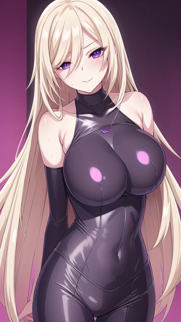  Erotic、Lusamine、Blonde、Big Breasts, Alone、 Pink wetsuit　Rash guard, Purple evil background、 Best Quality, Detailed face, Detailed eyes, High resolution,、Evil female executive、An evil condescending smile、Sexy pose、Fallen into evil、Fall into Darkness、Dark Side、excited、lure