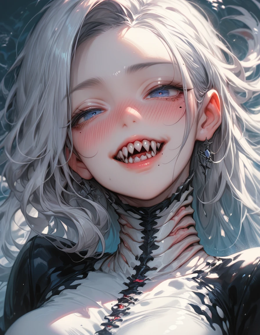 score_9,score_8_up,score_7_up, 1girl, blue eyes, breasts, gills, grey hair, long hair, mole, mole under eye, parted lips, sharp teeth, solo, teeth,full-face blush, nose blush, half-closed eyes,
