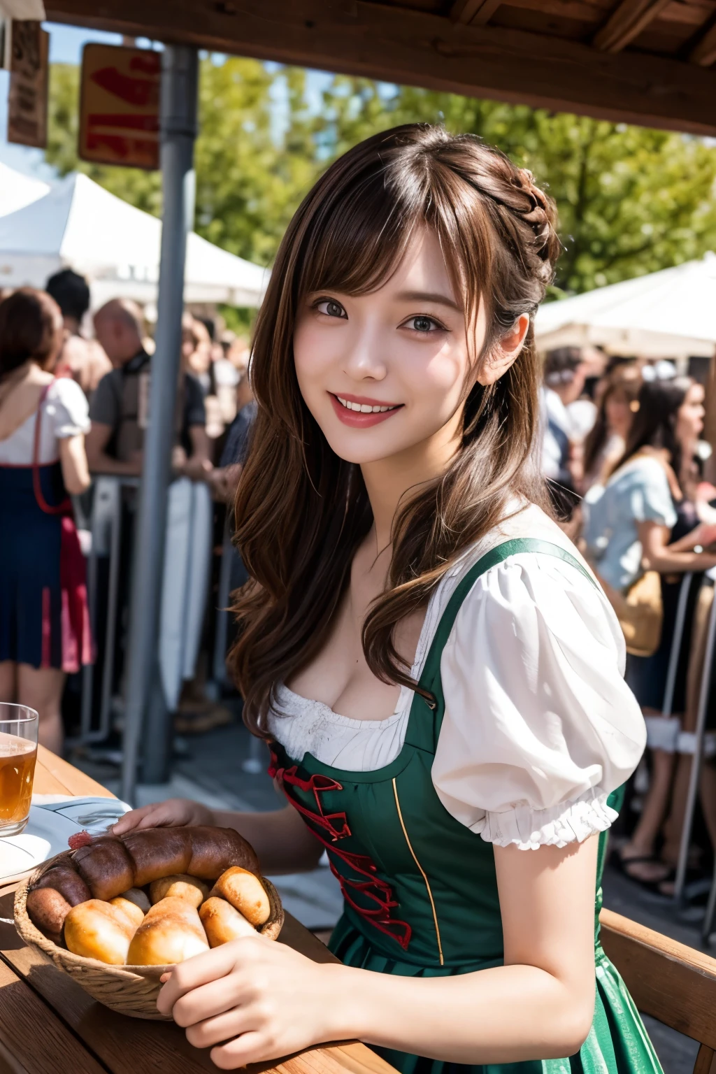 realistic, cinematic, photogenic, Oktoberfest, in an urban area, a very lively crowd around, festive atmosphere, under the sunshine, crouching down, shot from directly above, ultra close-up, looking up at me from below, upturned eyes, eating a sausage with holding it, open mouth wide and stuff the sausage into mouth, big smile, laughing out loud, wearing dirndl dresses, bright brown hair, pompadour hairstyle, twisted bangs, hair is blowing in the wind, hair is shaggy and dishevelled, a flushed face from drunkenness, a little sweaty, a tipsy expression, beautiful white translucent skin, slendar figure, a little exposed chest, heavy and vivid makeup, detailed rendering, cinematic lighting, vibrant colors, photorealistic, best quality, 8k, hyperdetailed