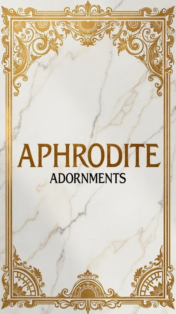 Paying homage to the Greek goddess of love and beauty. The design features delicate, golden Greek motifs that exude a sense of luxury and refinement. 

"Aphrodite Adornments," is big and prominently displayed in bold, marble-colored lettering, evoking the timeless beauty and grandeur of ancient Greek architecture. The combination of gilded grace and marbled elegance captures the essence of Aphrodite.