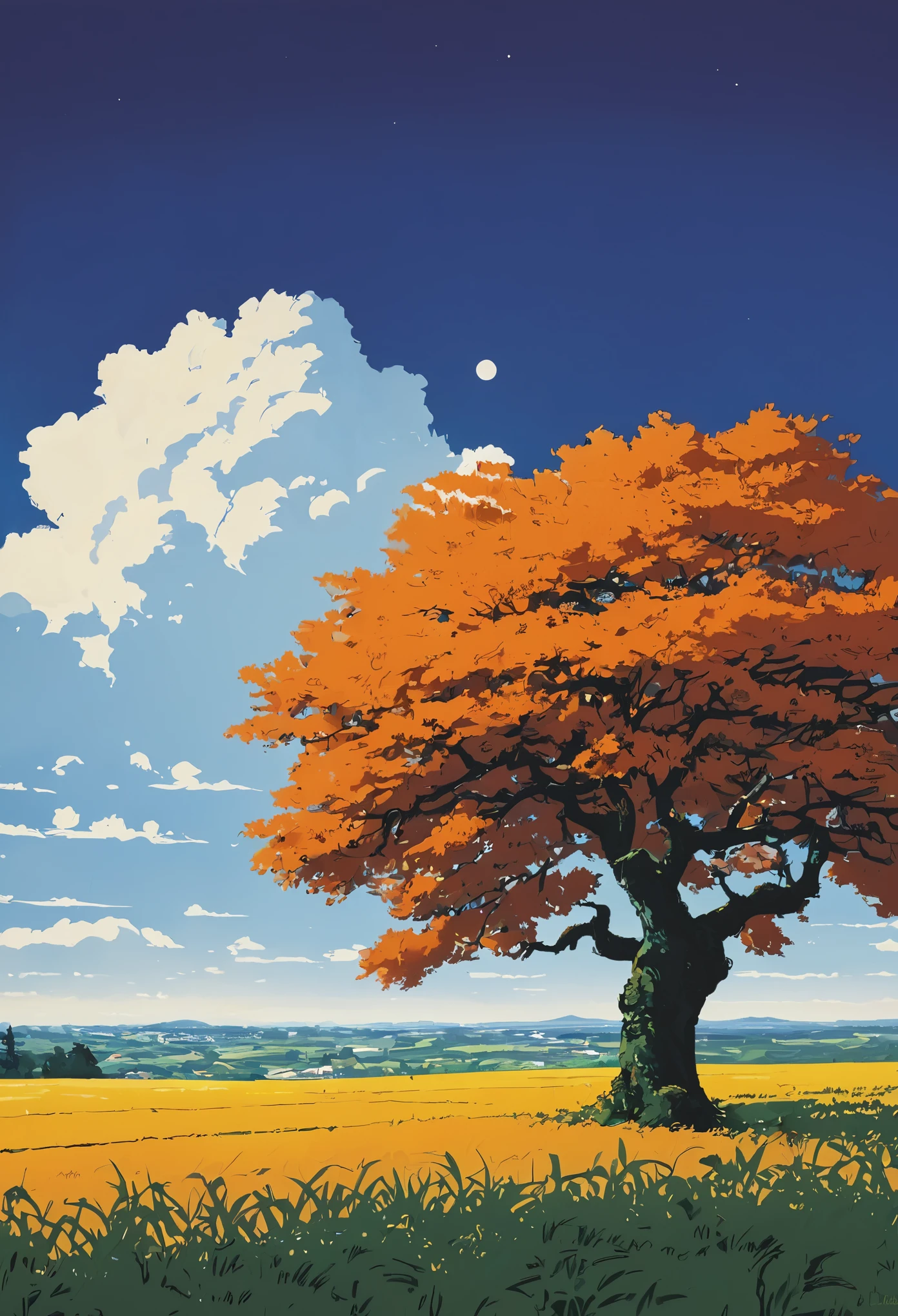 (Minimalism:1.4), Draw a simple art of lonely Tintin style an orange fruit tree sunset clouds , studio ghibli art, miyazaki,  , Makoto Shinkai!!, anime movie background best quality best of SeaArt HD
