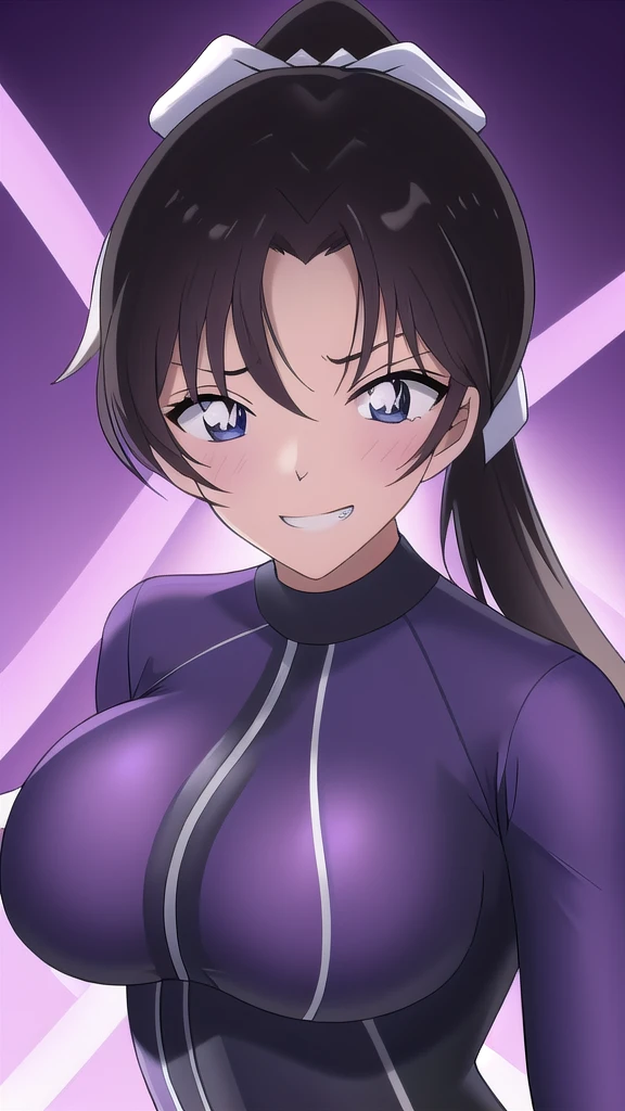  Erotic、Long ponytail volume、Ribbon hair tie、Big Breasts, Alone,teacher、 White wetsuit　Rash guard, Purple evil background、 Best Quality, Detailed face, Detailed eyes, High resolution,、Evil female executive、Evil grin、Sexy pose、Fallen into evil、Fall into Darkness、Dark Side、excited、lure