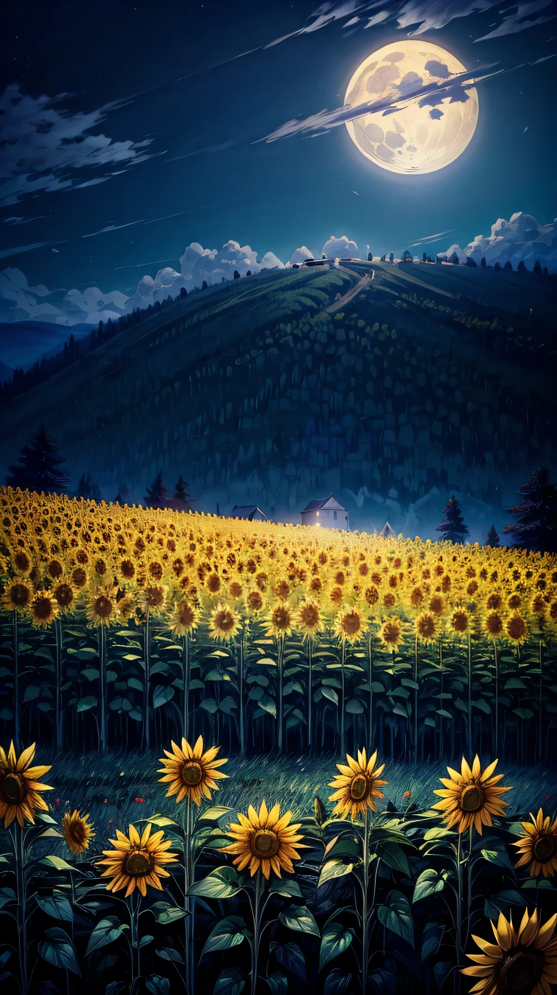  A hillside filled with tall sunflowers glowing under the soft light of the moon. The flowers sway gently in the night breeze.