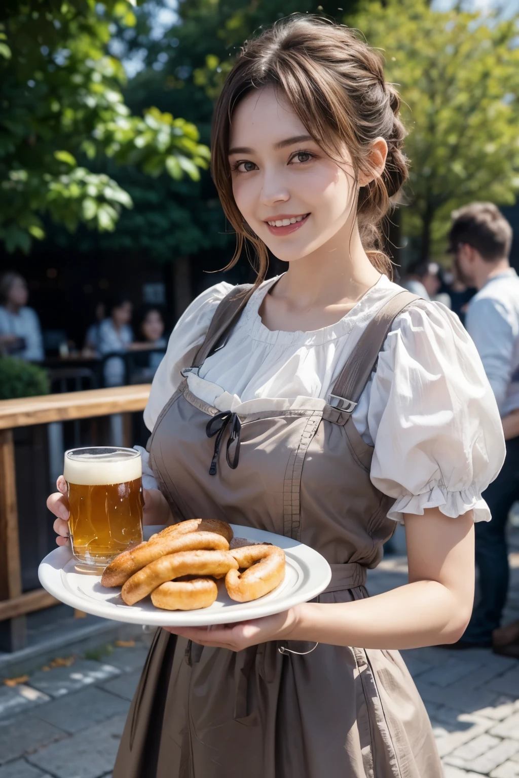 realistic, cinematic, photogenic, Oktoberfest, in an urban area, a very lively crowd around, festive atmosphere, see some beer tent beyond, under the sunshine, holding a tray with some beer mugs/beer steins/pretzels/sausages, drinking beer with friends, bend slightly, upturned eyes, wearing dirndl dresses, beautiful long brown hair, pompadour hairstyle, twisted bangs, hair is blowing in the wind, hair is shaggy and dishevelled, a flushed face from drunkenness, a little sweaty, a tipsy expression, big smile, laughing out loud, beautiful white translucent skin, slendar figure, a little exposed chest, heavy and vivid makeup, detailed rendering, cinematic lighting, vibrant colors, photorealistic, best quality, 8k, hyperdetailed