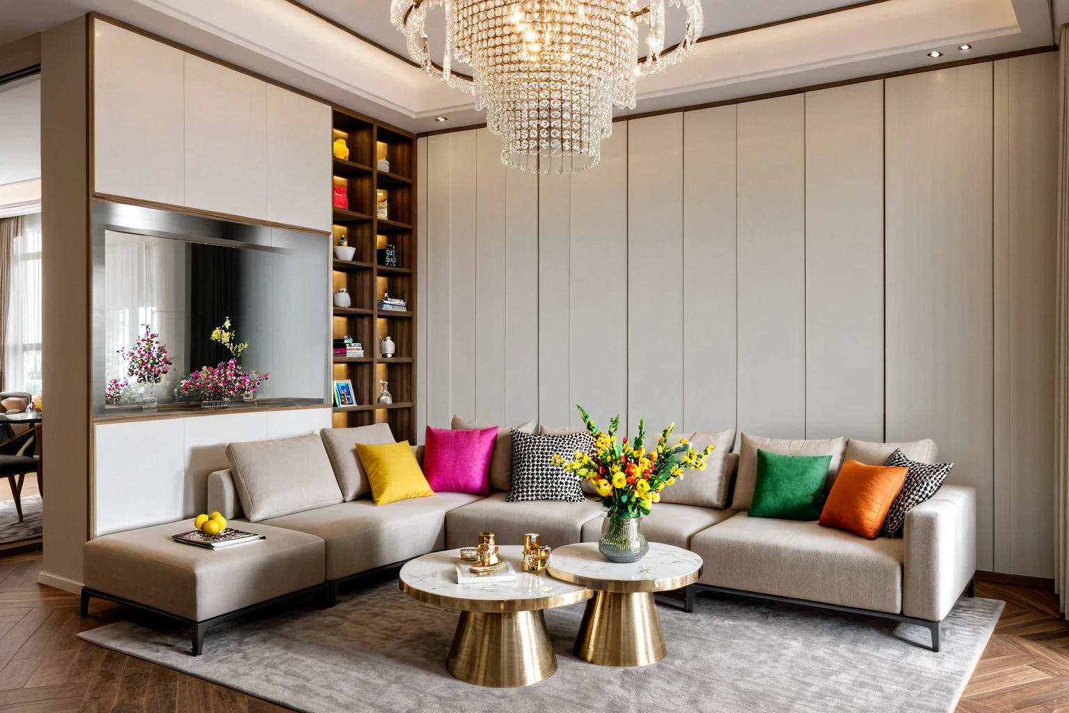 Raw photo,Masterpiece, high quality, best quality, authentic, super detail, soft lighting, high quality,
Interior, indoor, livingroom style modern, Tea table, decorative cabinet, sofa, wooden floor, white walls, chandelier, carpet, (day:1.1), vivid colour, (realistic:1.2), 
