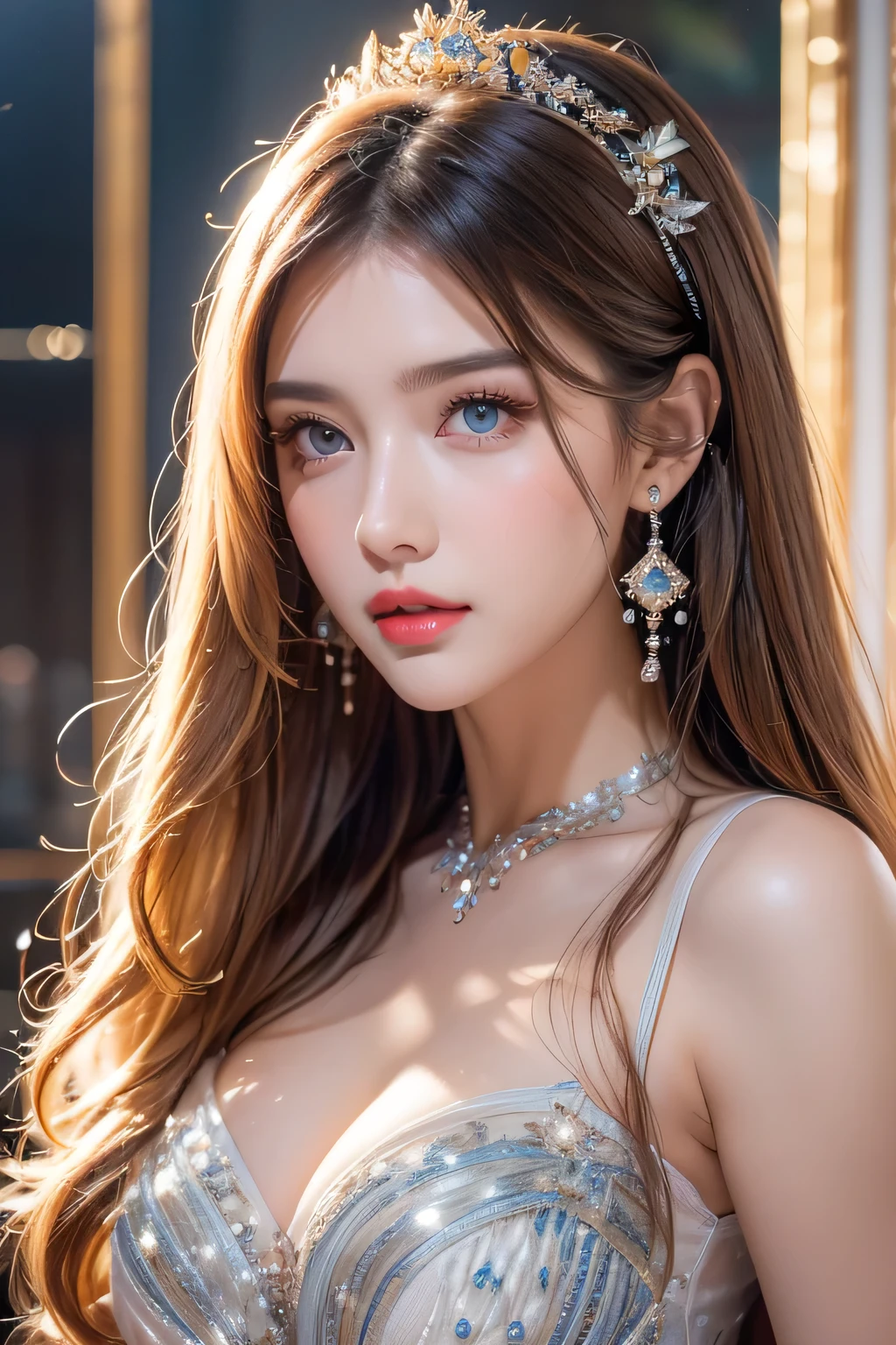 dark blonde、blue eyes、half length、The hair is wavy、Styling hair、Slender but well-proportioned muscles、a smile、wearing a camisole、wear high heel shoes、Wearing low-rise pants,The ground is cobblestone、a smile、Breasts are big、