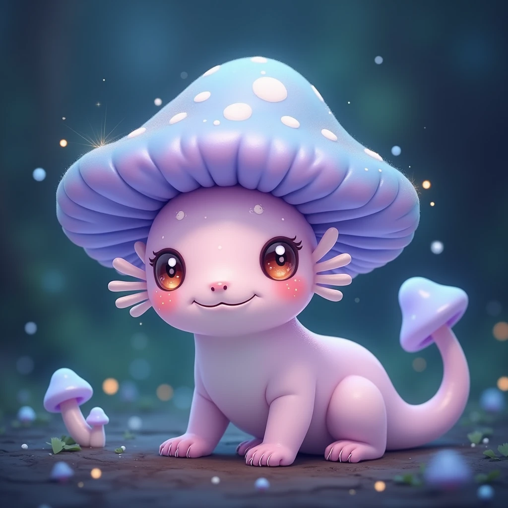 "Create a whimsical, adorable creature that combines the features of an axolotl with the magical essence of a mushroom. The body should resemble the smooth, delicate form of an axolotl, with soft pastel skin in shades of pale pink and lavender. Its head is crowned with a large, mushroom cap that glows softly in bioluminescent tones of light blue and purple, dotted with tiny, glowing white spots. The creature’s face has the friendly, wide-eyed expression of an axolotl, with big, shimmering eyes in hues of soft amber and a permanent, gentle smile. Its frilly, translucent gills on each side of its head are still present, but are intertwined with tiny mushroom stalks that glow faintly at their tips.

The creature’s limbs are small and dainty, with tiny webbed toes, allowing it to scuttle gracefully across forest floors or swim smoothly in ponds. Its back is adorned with small, mushroom-like growths that pulse softly in colors that shift between green and blue, adding to its magical, fairy-tale appearance. The overall vibe is one of pure cuteness and serenity, as if this creature is a peaceful guardian of enchanted, mystical forests."