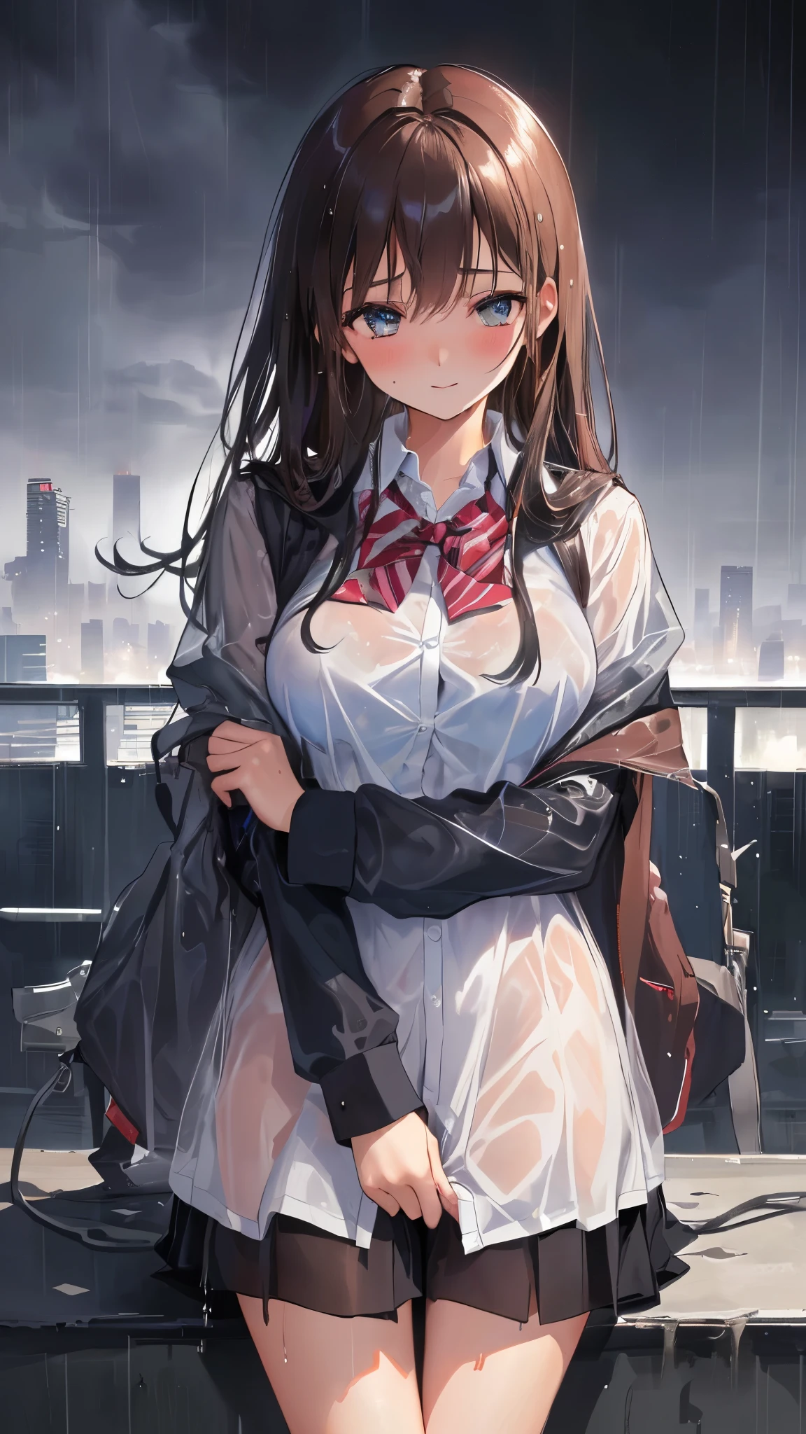 masterpiece, absurdres, ultra high res,(photo realistic:1.4),1 girl,big laugh, 18 yo,medium breasts,brown medium hair, ((heavy rain, fog, wet, see through)),(blue high school uniform,nounderwear),standingschoolentrance,A woman with an adult toy between her legs, squirming under the remote control operation of Tobikko,The crotch is dripping with a bewitching love juice, which is coating the underwear and inner thighs.She looks at me with a blush on her face.,underwear,city view,