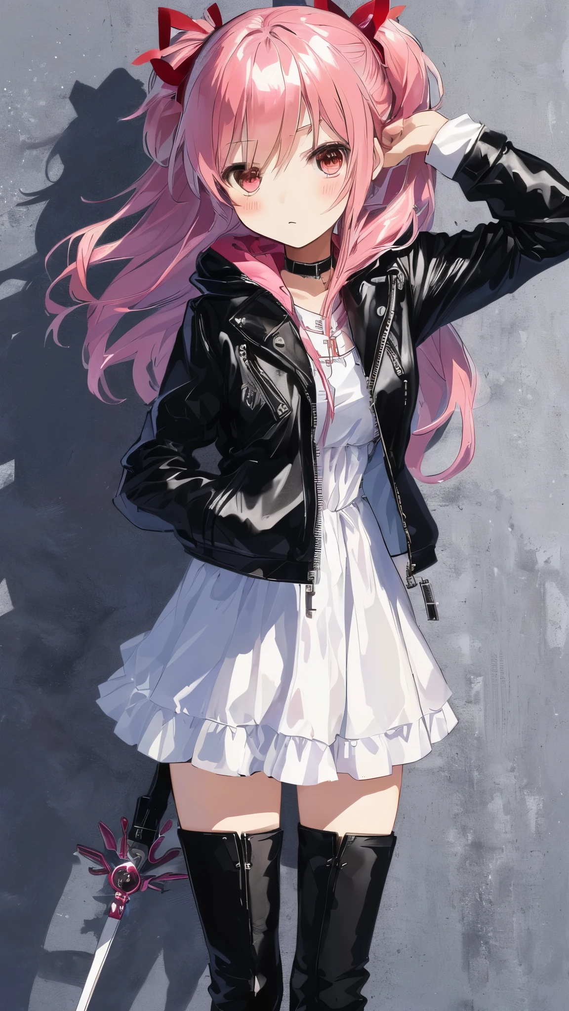 best quality,masterpiece,, Madoka Kaname from Puella Magi Madoka Magica wears a black leather jacket and combat boots, holds a magic wand, and has a cold expression on her face.