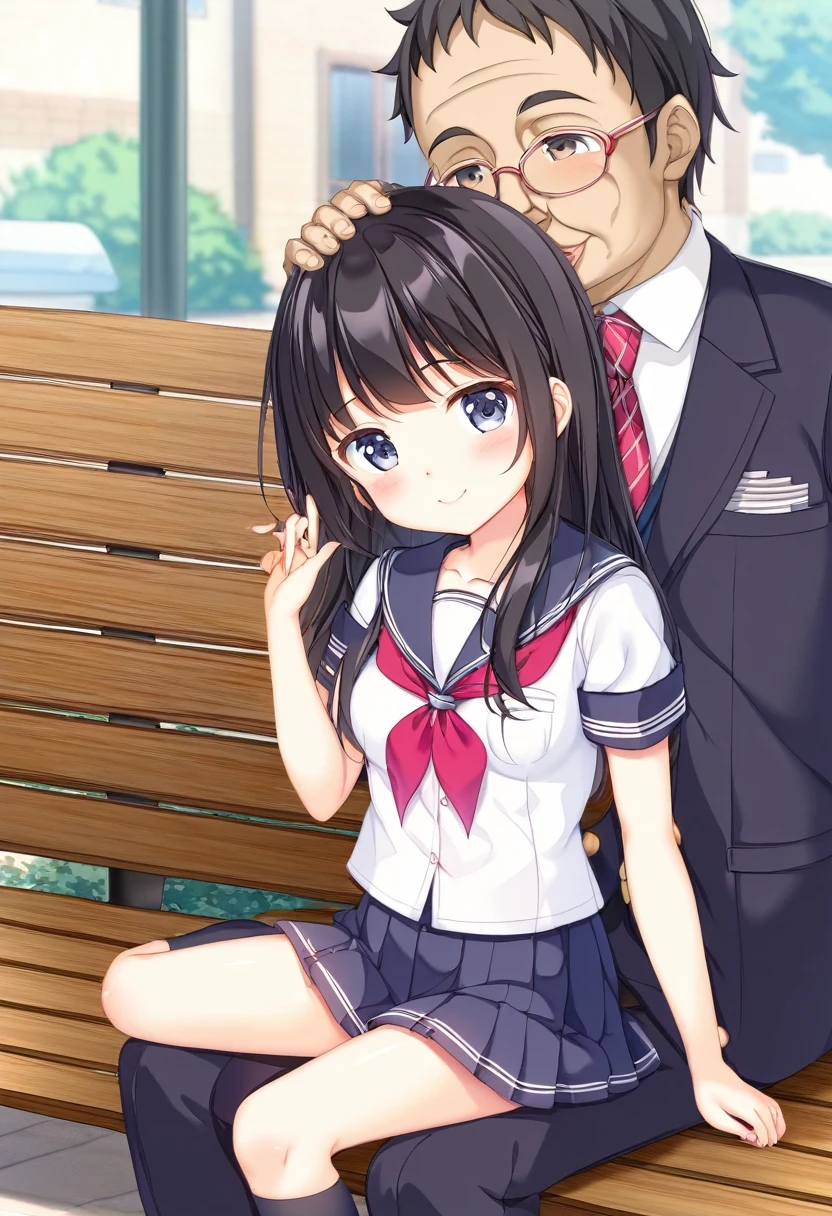 Masterpiece、Young girl、Glossy skin, so cute、small、Firm breasts、Black Hair、School uniform、Troubled expression、One Girl、Park bench、sit、Middle-aged man、An old man clings to a young girl、Touching a girl&#39;s crotch