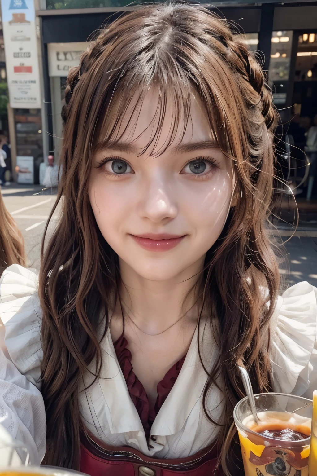 realistic, cinematic, photogenic, Oktoberfest, in an urban area, a very lively crowd around, festive atmosphere, under the sunshine, eating pretzel, drinking beer, crouching down, shot from directly above, ultra close-up, looking up at me from below, upturned eyes, big smile, wearing dirndl dresses, bright brown hair, pompadour hairstyle, twisted bangs, hair is blowing in the wind, hair is shaggy and dishevelled, a flushed face from drunkenness, a little sweaty, a tipsy expression, beautiful white translucent skin, slendar figure, a little exposed chest, heavy and vivid makeup, detailed rendering, cinematic lighting, vibrant colors, photorealistic, best quality, 8k, hyperdetailed