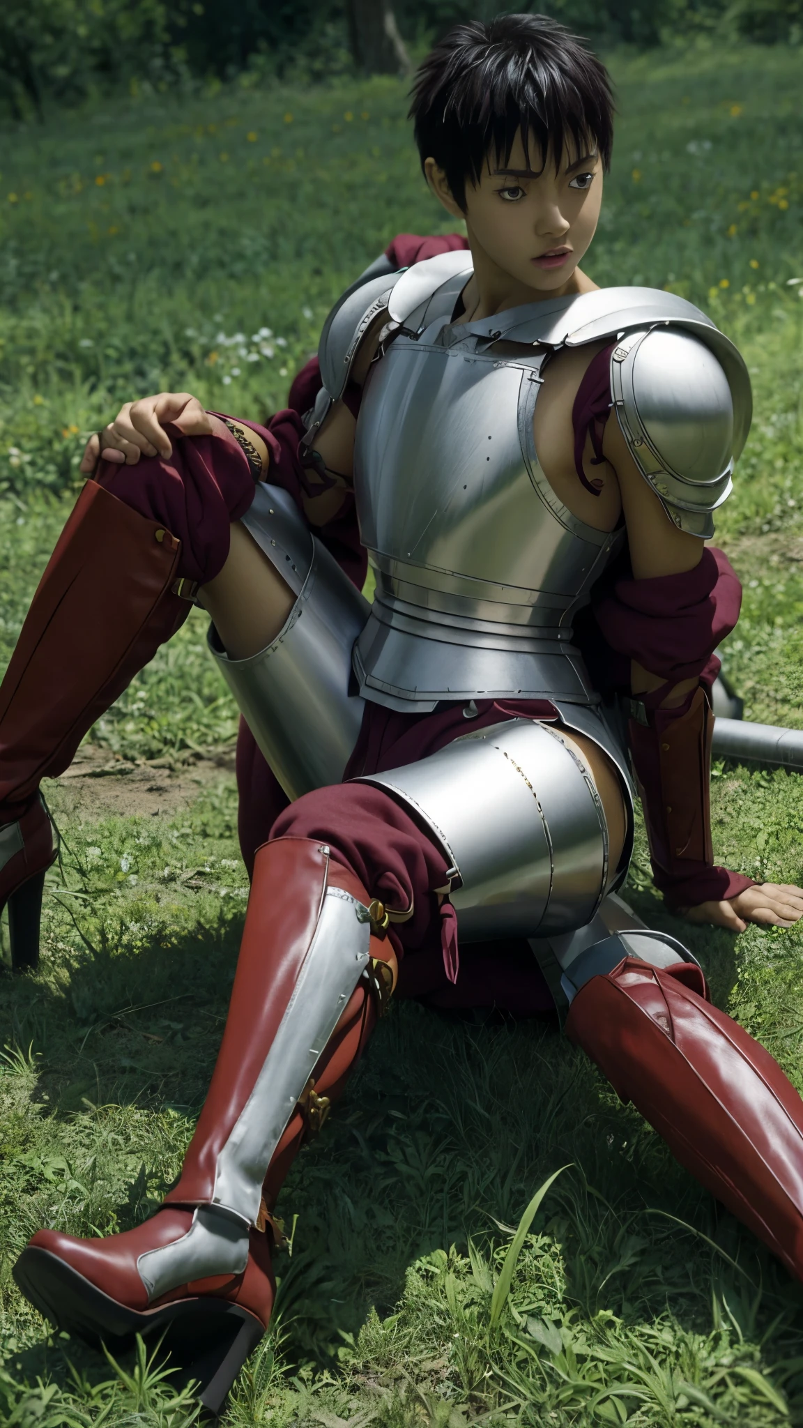 casca from berserk anime realistic art with armor, zoomed out image with high heels