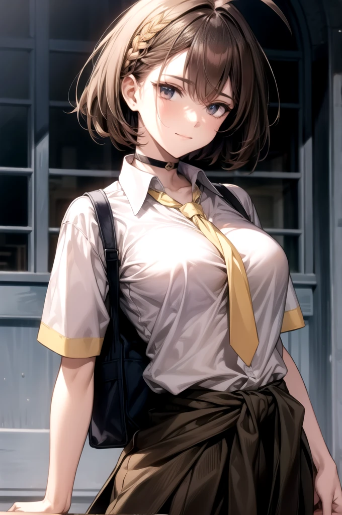 baltimore, baltimore, brown hair, (yellow eyes:1.5), braid, ahoge, short hair, french braid, hair between eyes, bob cut,
BREAK beige cardigan, beige sweater, black choker, black necktie, black skirt, cardigan, cardigan around waist, choker, clothes around waist, collared shirt, loose necktie, necktie, official alternate costume, school bag, shirt, shirt tucked in, short sleeves, skirt, sweater, sweater around waist, tied sweater,  white shirt,
BREAK looking at viewer,
BREAK outdoors,
BREAK (masterpiece:1.2), best quality, high resolution, unity 8k wallpaper, (illustration:0.8), (beautiful detailed eyes:1.6), extremely detailed face, perfect lighting, extremely detailed CG, (perfect hands, perfect anatomy),(beautiful eye) sadistic smile