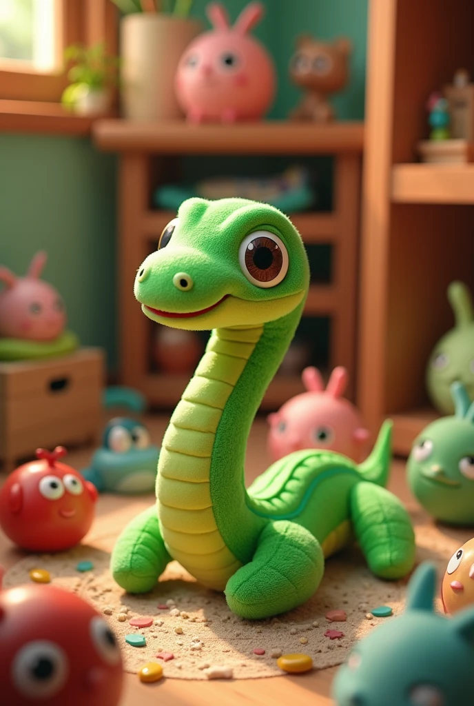 Bright green snake toy at the center of many toy boxes placed indoors, green snake is an adorable stuffed animal, green snake stuffed animal smiles, Toy Story world, Pixar world, animation, adorable world, soothing for adults and children, masterpiece, detailed photos, 8K