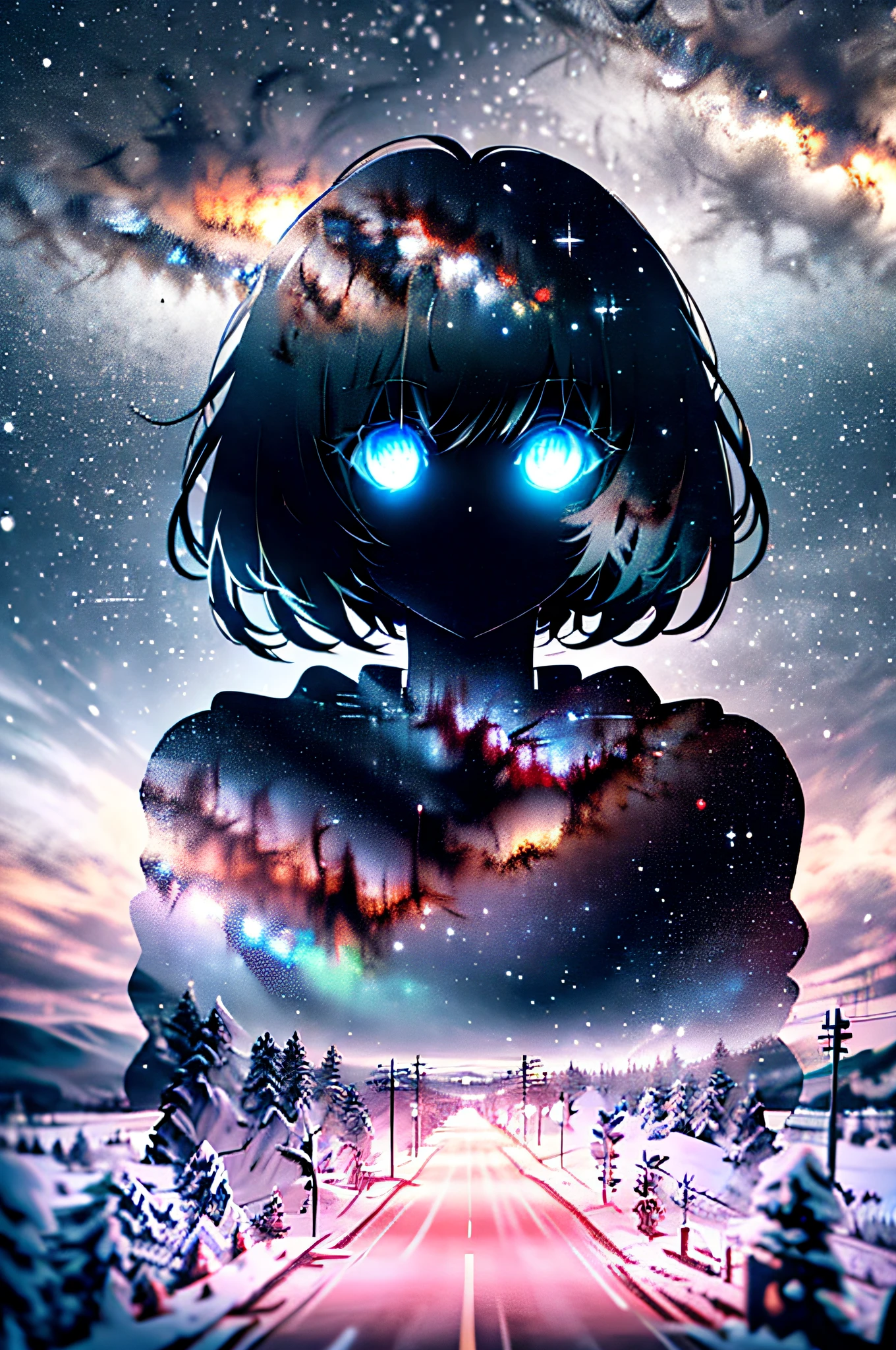 masterpiece, Best quality</input></>, (contour:1.3), Short hair, Glowing eyes, Beautiful eyes, Star (Sky), Throw, snow,