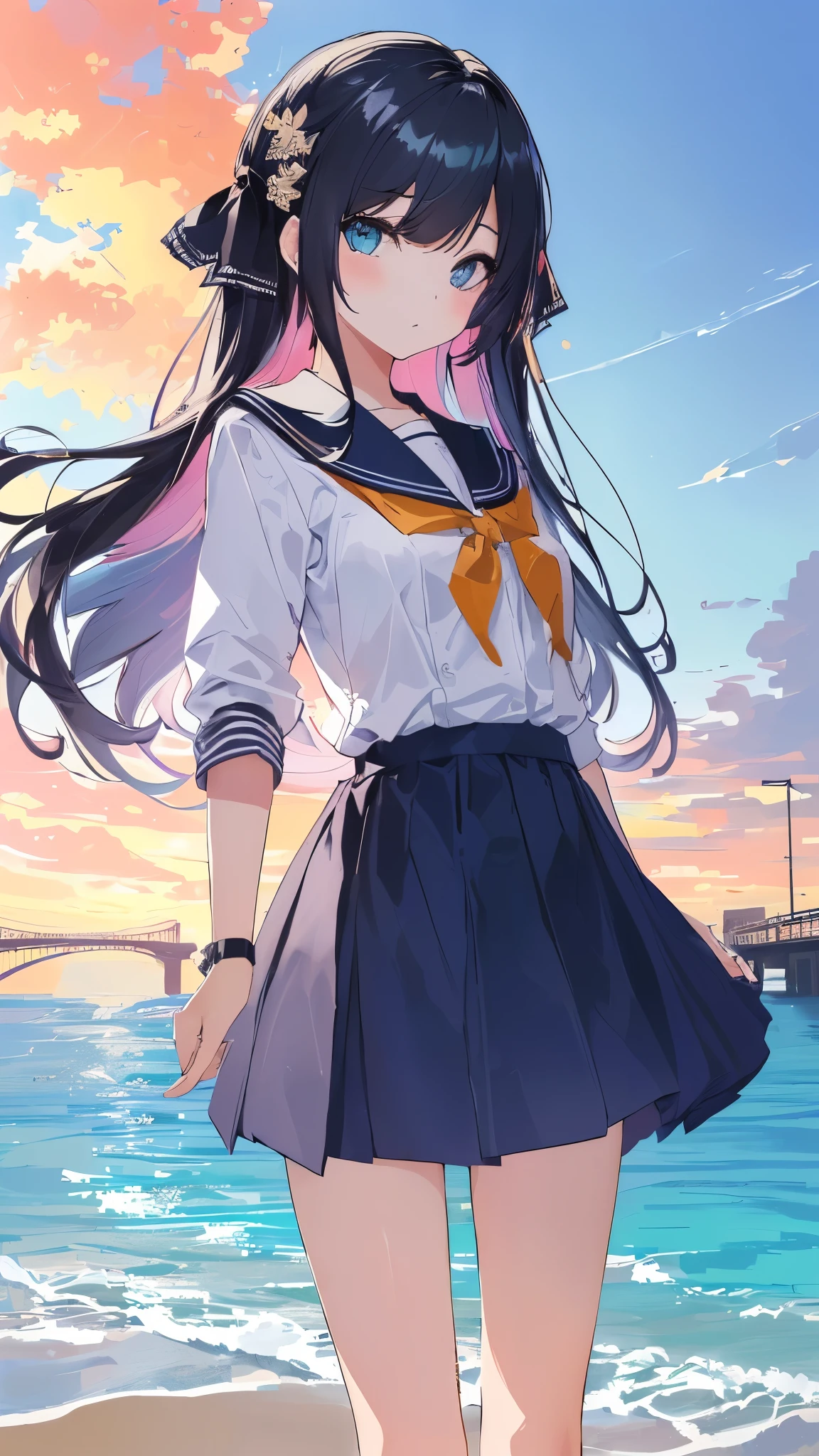 masterpiece,((ligne claire)),  limited palette,best quality, flat color, low contrast, ((1girl)),(((an extremelydelicateandbeautifulgirl))),(beautiful detailed face),(beautiful detailed eyes),{long hair},hair ornamen,((middle breasts)),long  black hair,hair ribbon,school uniform , standing,((looking at viewer:1.6)), view from below,beautiful detailed sky,bright sky,cloudy sky,sunlight, (detailedlight),lighting,colorful,ocean,beach, bridge,way to school,sky scraper, autumn, haze