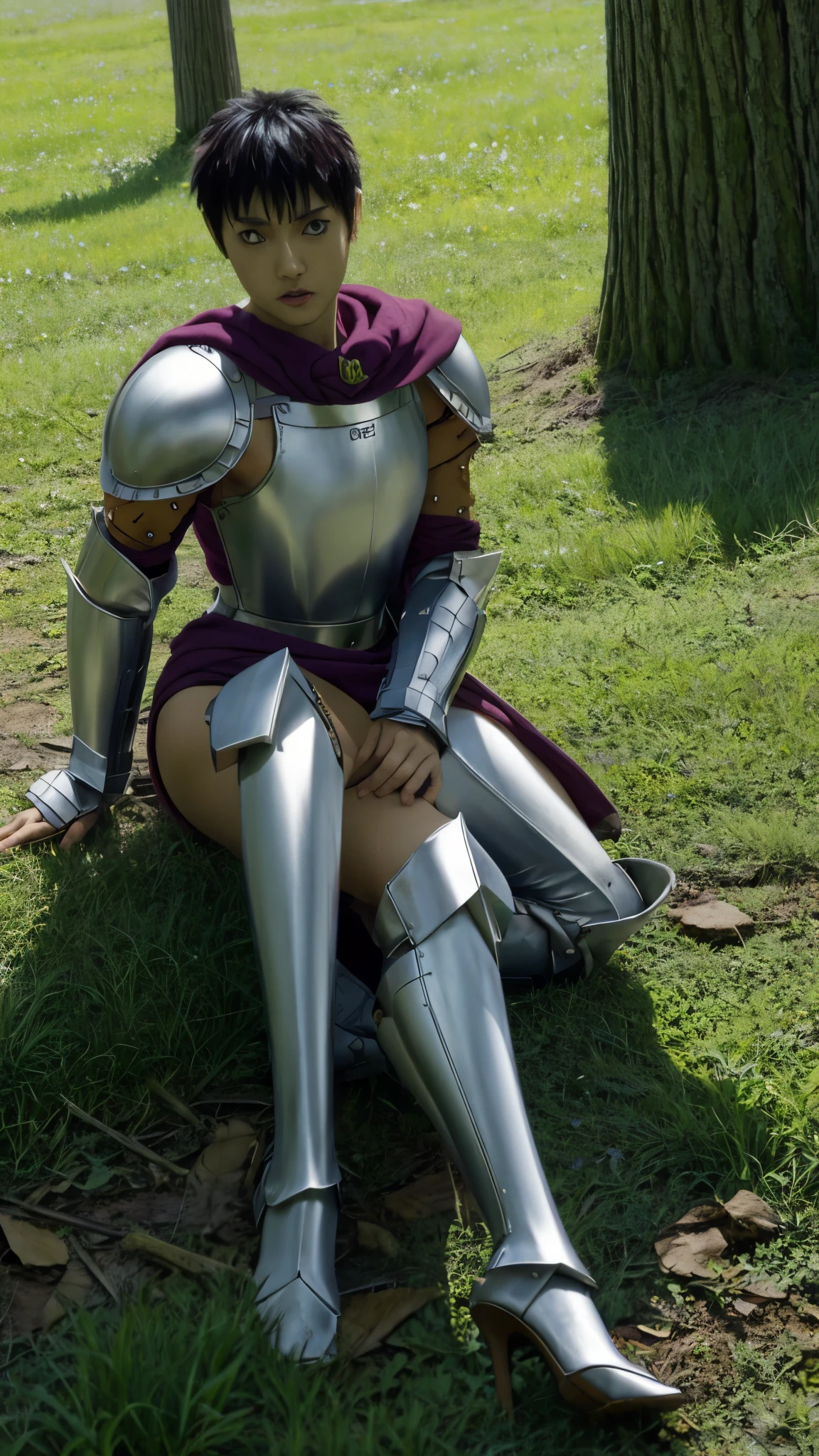 casca from berserk anime realistic art with armor, zoomed out image with high heels