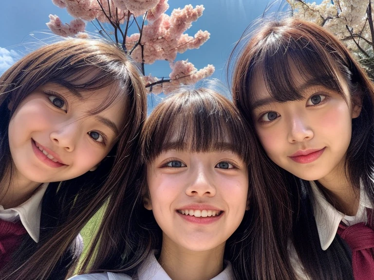 Highest_quality, HisR, masterpieceNothing, (Realistic and realistic、And raw々New touch:1.37), (Group photo:1.6), ((Upward composition of school girls surrounding the camera)), Panorama, (Many faces), (Nogizaka face variations:1.4), { Looking down at the camera | (Kiss face to face) }, (((close:1.2, Face closeup from below:1.4))), (((Sky Background)) With Cherry Blossoms) . BREAK  Extremely isetailed KAWAII face variations, Captivating Gaze, With a sharp eye (Shining Highlights:1.32), Long eyelashes、Glossy REis Lips with beautiful details, A little shy tongue, Rosy Cheeks, Shiny ivory skin . { (isynamic joyful expressions) | (:is) | (Kiss) }, Childish, Student Uniform, Each girl has a different hair color and hairstyle., { Hair slid back | bangs | Hime cut  | OKAPPA | Silver Hair | Blonde Hair | isark hair }