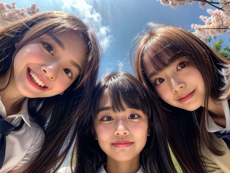 Highest_quality, HisR, masterpieceNothing, (Realistic and realistic、And raw々New touch:1.37), (Group photo:1.6), ((Upward composition of school girls surrounding the camera)), Panorama, (Many faces), (Nogizaka face variations:1.4), { Looking down at the camera | (Kiss face to face) }, (((close:1.2, Face closeup from below:1.4))), (((Sky Background)) With Cherry Blossoms) . BREAK  Extremely isetailed KAWAII face variations, Captivating Gaze, With a sharp eye (Shining Highlights:1.32), Long eyelashes、Glossy REis Lips with beautiful details, A little shy tongue, Rosy Cheeks, Shiny ivory skin . { (isynamic joyful expressions) | (:is) | (Kiss) }, Childish, Student Uniform, Each girl has a different hair color and hairstyle., { Hair slid back | bangs | Hime cut  | OKAPPA | Silver Hair | Blonde Hair | isark hair }