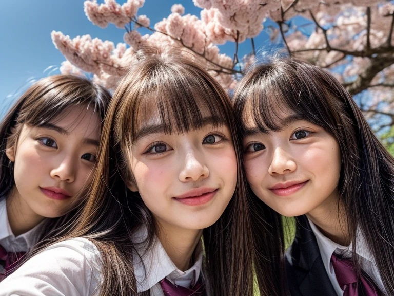 Highest_quality, HisR, masterpieceNothing, (Realistic and realistic、And raw々New touch:1.37), (Group photo:1.6), ((Upward composition of school girls surrounding the camera)), Panorama, (Many faces), (Nogizaka face variations:1.4), { Looking down at the camera | (Kiss face to face) }, (((close:1.2, Face closeup from below:1.4))), (((Sky Background)) With Cherry Blossoms) . BREAK  Extremely isetailed KAWAII face variations, Captivating Gaze, With a sharp eye (Shining Highlights:1.32), Long eyelashes、Glossy REis Lips with beautiful details, A little shy tongue, Rosy Cheeks, Shiny ivory skin . { (isynamic joyful expressions) | (:is) | (Kiss) }, Childish, Student Uniform, Each girl has a different hair color and hairstyle., { Hair slid back | bangs | Hime cut  | OKAPPA | Silver Hair | Blonde Hair | isark hair }