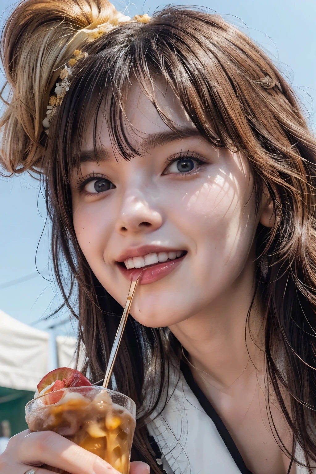 realistic, cinematic, photogenic, Oktoberfest, in an urban area, a very lively crowd around, festive atmosphere, under the sunshine, eating a sausage, crouching down, shot from directly above, ultra close-up, looking up at me from below, upturned eyes, big smile, wearing dirndl dresses, bright brown hair, pompadour hairstyle, twisted bangs, hair is blowing in the wind, hair is shaggy and dishevelled, a flushed face from drunkenness, a little sweaty, a tipsy expression, beautiful white translucent skin, slendar figure, a little exposed chest, heavy and vivid makeup, detailed rendering, cinematic lighting, vibrant colors, photorealistic, best quality, 8k, hyperdetailed