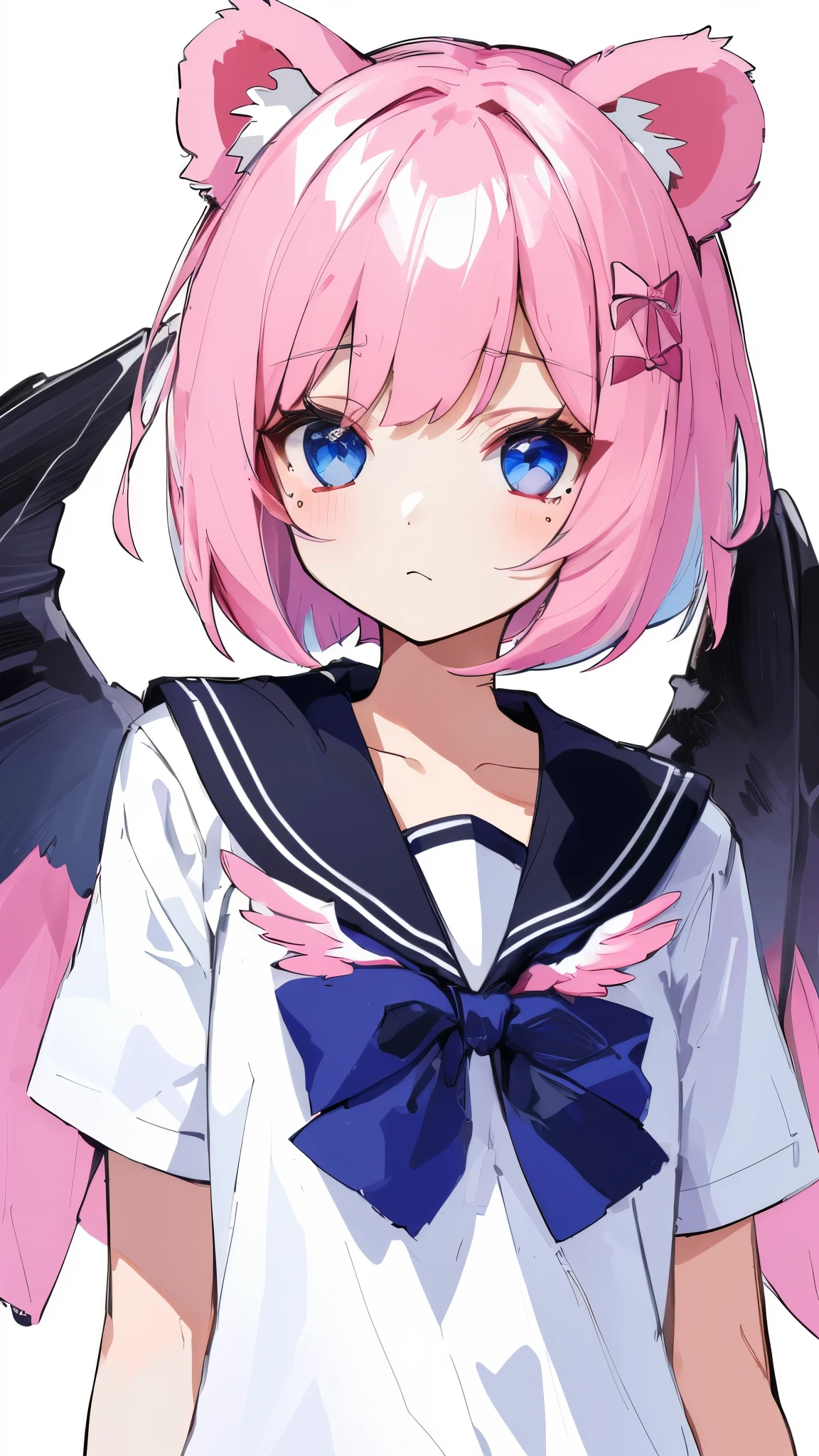 skistyle, 1girl, solo, pink hair, animal ears, blue eyes, wings, looking at viewer, mole, bangs, short hair, bow, sailor collar, simple background, white sailor collar, mole under mouth, hair bow, pink bow, closed mouth, shirt, white shirt, bear ears, bob cut, mini wings, grey background, portrait, detached wings, makeup, upper body, white background