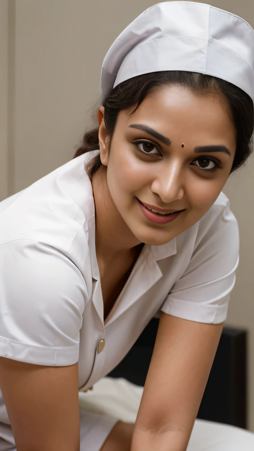 close up photo of 30 years old kiara in a hospital doing treatment with stethoscope, swooping breasts, smile, deep cleavage, look at camera, white nurse scout uniform, ponytail, 4K, HD