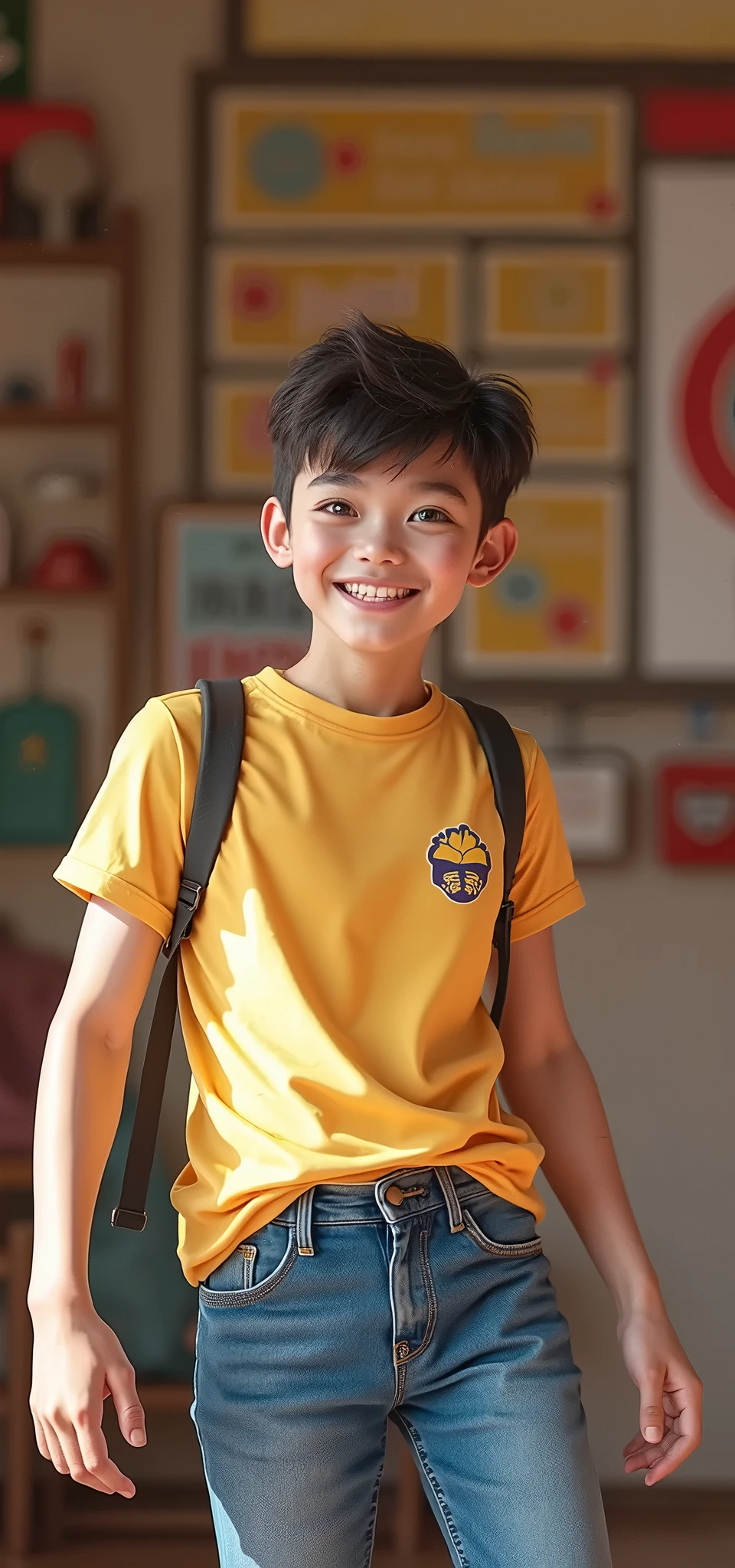 An happy, gentle and tender boy caucasian student about 8 years old in school uniform, Yellow T-shirt and blue long pants in the classroom