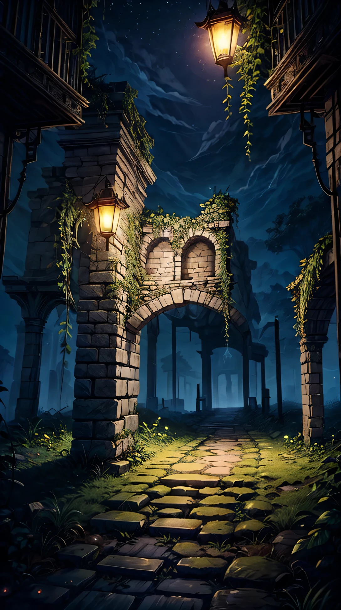 Ancient stone ruins softly illuminated by hanging lanterns. Vines and plants grow over the stones, glowing faintly under the moonlight.