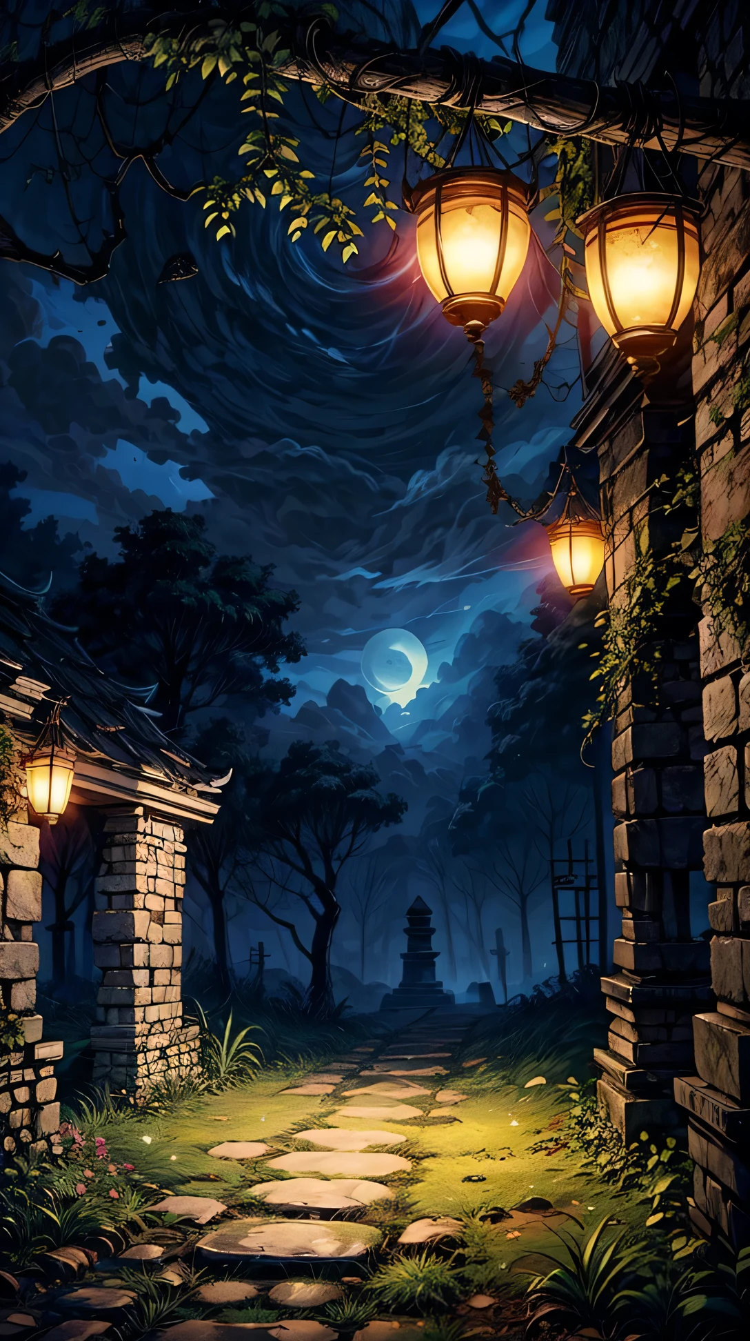 Ancient stone ruins softly illuminated by hanging lanterns. Vines and plants grow over the stones, glowing faintly under the moonlight.