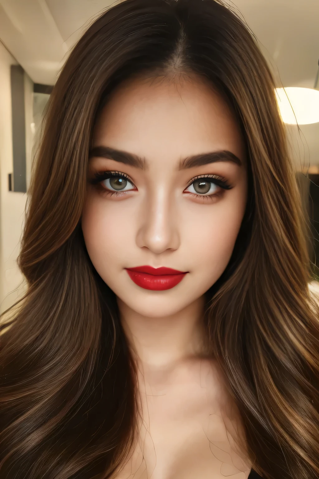 5, (Japanese Mature:1.2), Captivating Gaze, Dark brown eyes, (8k, High resolution,super high quality, Ultra HD,Ultra-realistic,Highest quality), Close-up photo with focus on face, Perfect Makeup、Blue eyeshadow、Dark eyeliner、glossy pink lipstick、(Realistic facial wrinkles:1.2)、Accurately rendered eyes, Proper eye position, Cinematic Light, Soft Light, detailed color graded background, Highly detailed eyes, 8k, Sharp focus, bedroom, Looking down, smile,