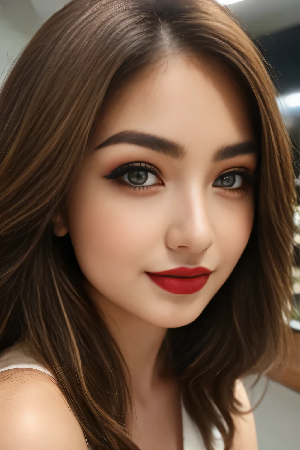 5, (Japanese Mature:1.2), Captivating Gaze, Dark brown eyes, (8k, High resolution,super high quality, Ultra HD,Ultra-realistic,Highest quality), Close-up photo with focus on face, Perfect Makeup、Blue eyeshadow、Dark eyeliner、glossy pink lipstick、(Realistic facial wrinkles:1.2)、Accurately rendered eyes, Proper eye position, Cinematic Light, Soft Light, detailed color graded background, Highly detailed eyes, 8k, Sharp focus, bedroom, Looking down, smile,