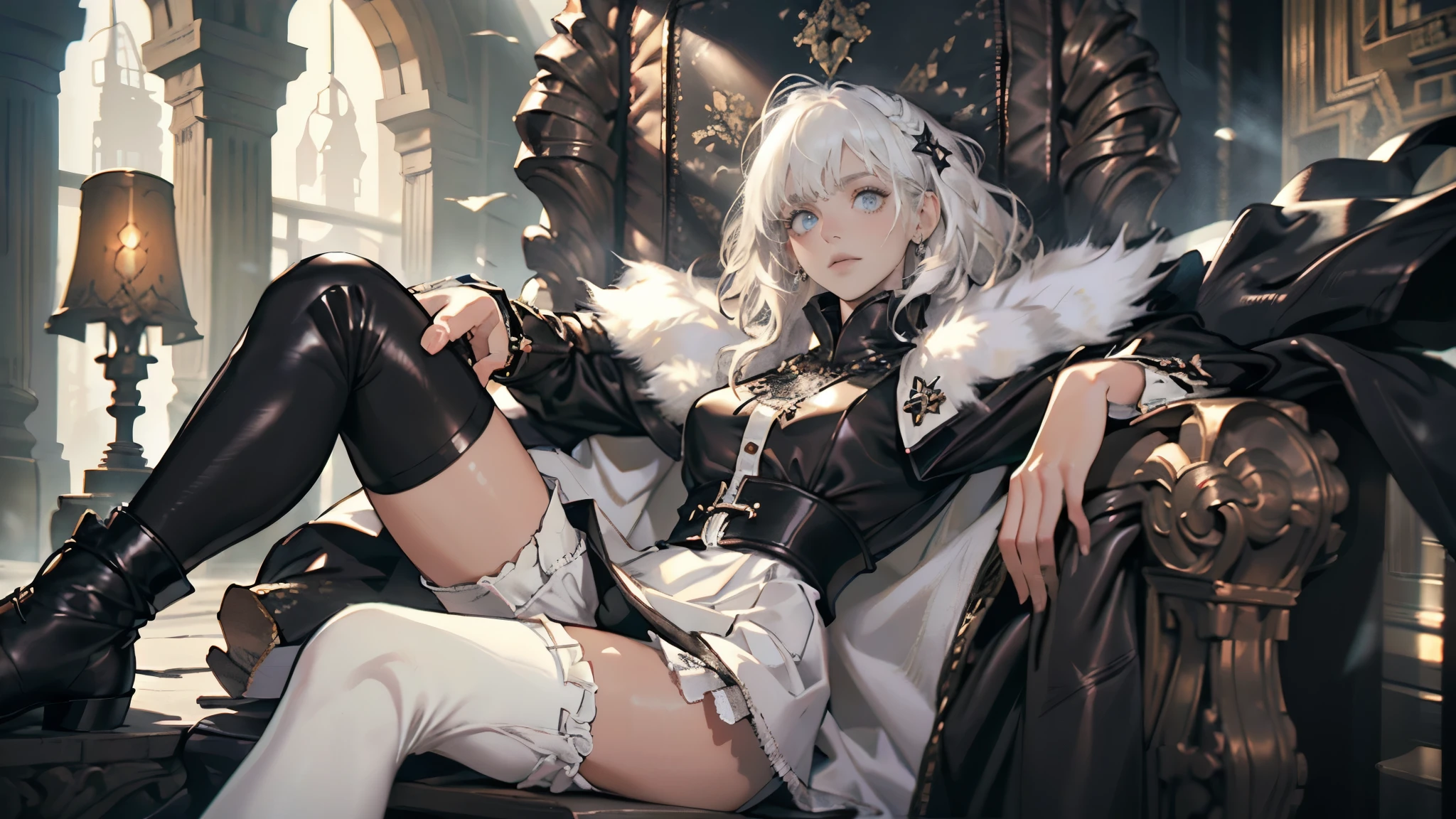 masterpiece, ultra detailed, 8k portrait, RAW photo, portrait photography, highly detailed face, beautiful and meticulous eyes, ((Fantasy)), Young beautiful, 1girl, solo, Princess, cute pose, (((short bobbed white hair))), blunt bangs, (((White skin color))), Luxury, hooded (((black fur coat))) fluttering in the wind, (((chunky black low-exposure Blouse))), (((leather short skirt))), (((white thigh high tights))), leather boots, Midday Sun, hyper realistic, Body model, Small breasts, Beautiful breasts, Long legs, fireplace side In the castle of snow kingdom, Ambient lighting, Shadow details , Camera focus on face, strong breeze, Light fog