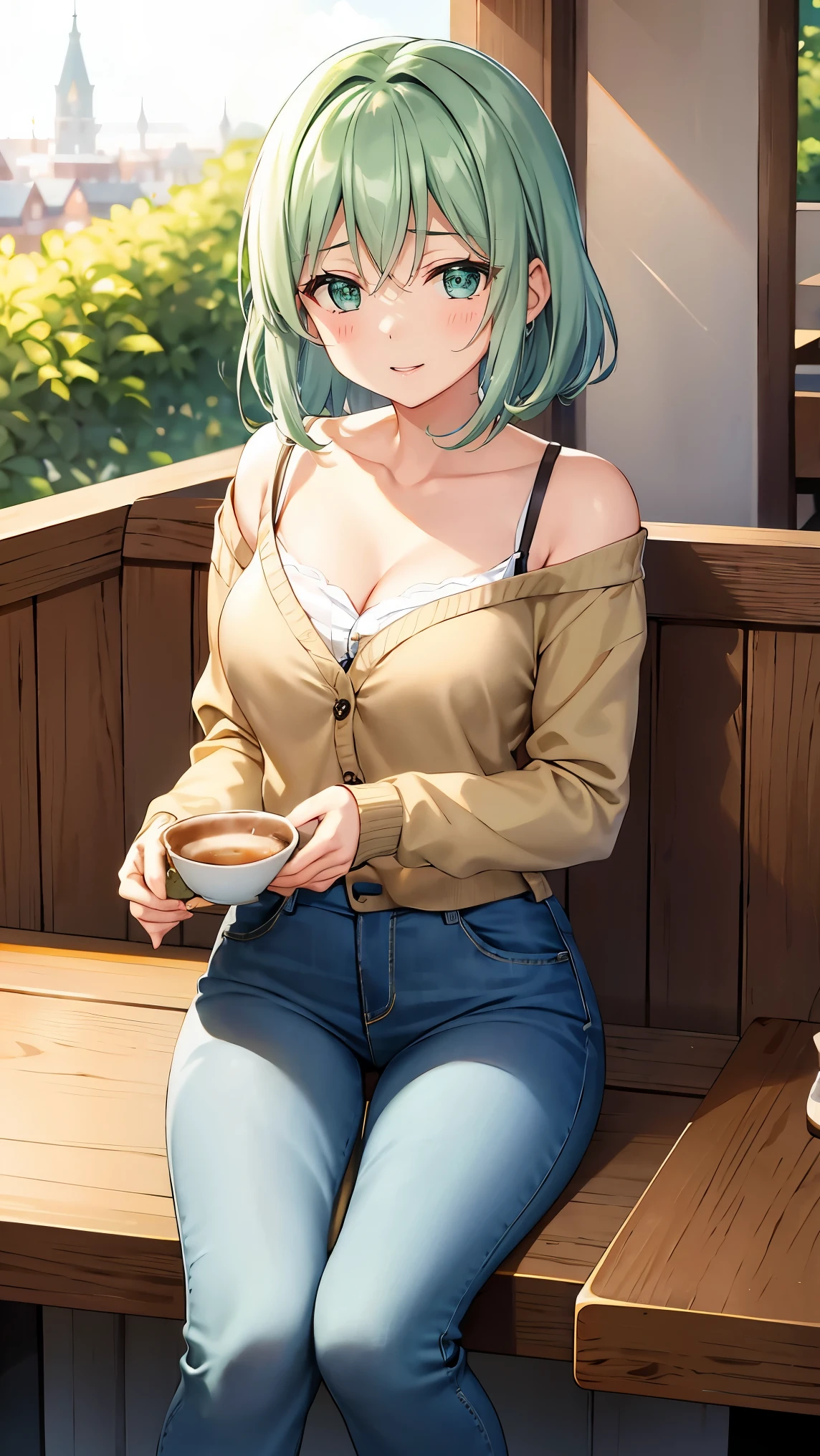 Shoulder-length green hair, Small size breasts, Small breasts、Green Eyes, 、(((Ladylike))),The whole body from head to toe、Jeans、cardigan、Feminine clothing、、Chuckle、((Sit facing the viewer across the table))、Cafe date、Afternoon Tea、町にあるStylishなカフェ、Chatting and drinking tea at a cafe、Stylish、、