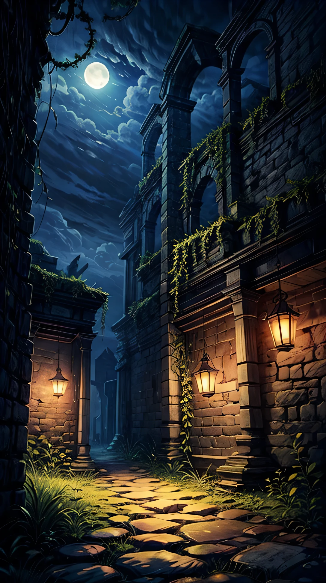 Ancient stone ruins softly illuminated by hanging lanterns. Vines and plants grow over the stones, glowing faintly under the moonlight.