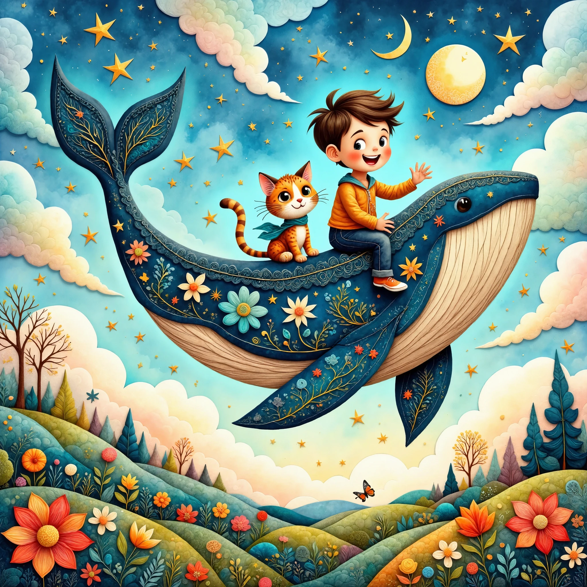 (masterpiece, best quality:1.2), (A boy and a cat go on an adventure on a flying whale:Cute fairy tale world),handmade style