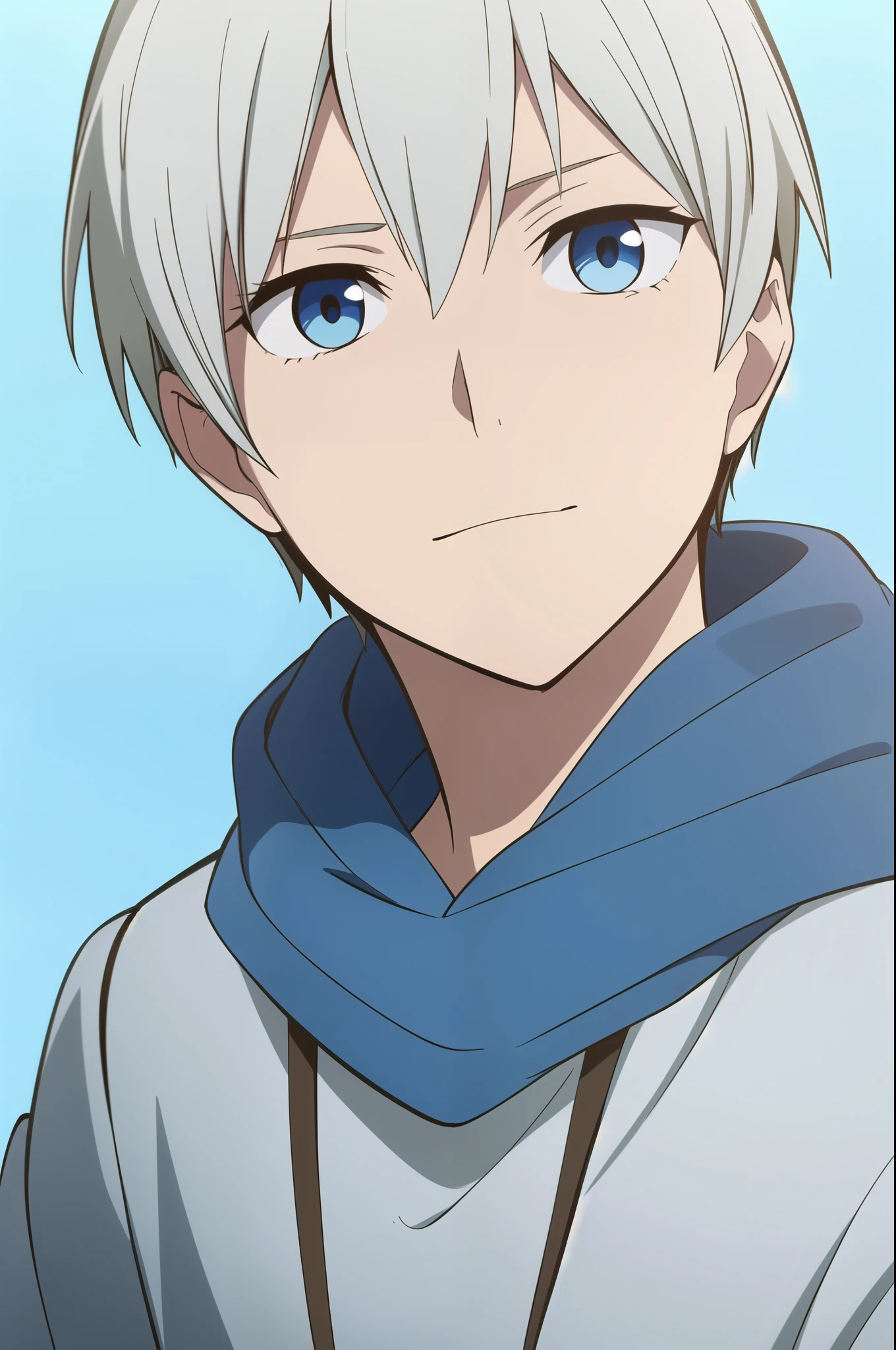 masterpiece, best quality, sketch, 1boy, solo, male focus, looking at viewer, upper body, depth of field, , realistic, obi_akagami_no_shirayuki-hime, white hair, blue eyes,  pastle blue hoodie, aesthetic blue background