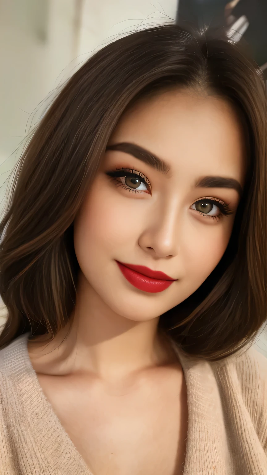 5, (Japanese Mature:1.2), Captivating Gaze, Dark brown eyes, (8k, High resolution,super high quality, Ultra HD,Ultra-realistic,Highest quality), Close-up photo with focus on face, Perfect Makeup、Blue eyeshadow、Dark eyeliner、glossy pink lipstick、(Realistic facial wrinkles:1.2)、Accurately rendered eyes, Proper eye position, Cinematic Light, Soft Light, detailed color graded background, Highly detailed eyes, 8k, Sharp focus, bedroom, Looking down, smile,