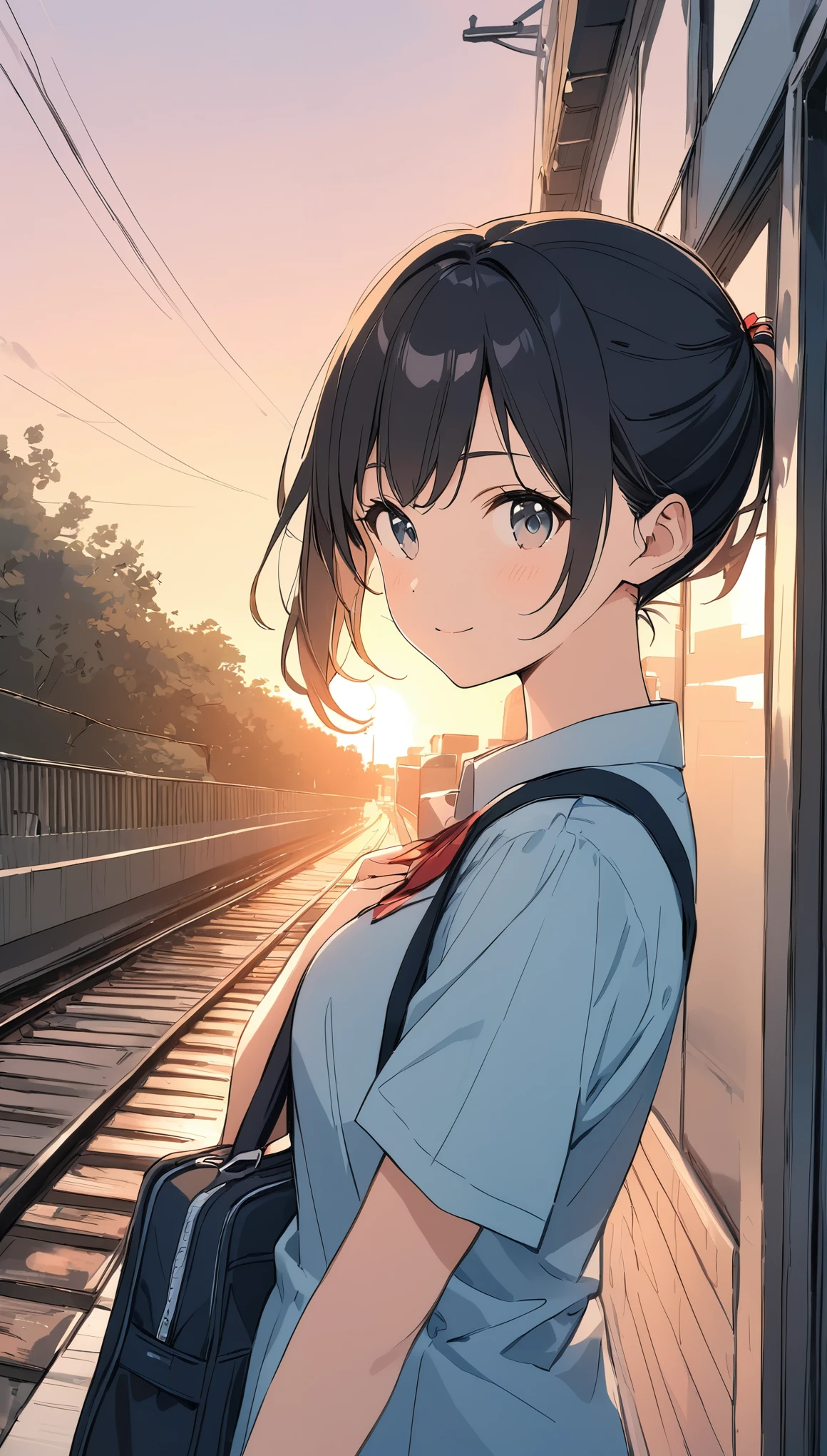 pale colour、line art,High resolution、In great detail、side ponytail,Black Hair,Student Uniform,Sunset Bank,Scenery on the way home from school,Girl looking back,Soft light effect