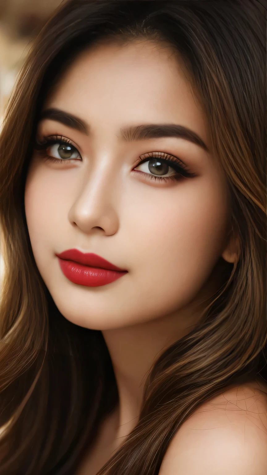 A girl, (Japanese Mature:1.2), Captivating Gaze, Dark brown eyes, (8k, High resolution,super high quality, Ultra HD,Ultra-realistic,Highest quality), Close-up photo with focus on face, Perfect Makeup、Blue eyeshadow、Dark eyeliner、glossy pink lipstick、(Realistic facial wrinkles:1.2)、Accurately rendered eyes, Proper eye position, Cinematic Light, Soft Light, detailed color graded background, Highly detailed eyes, 8k, Sharp focus, bedroom, Looking down, smile,