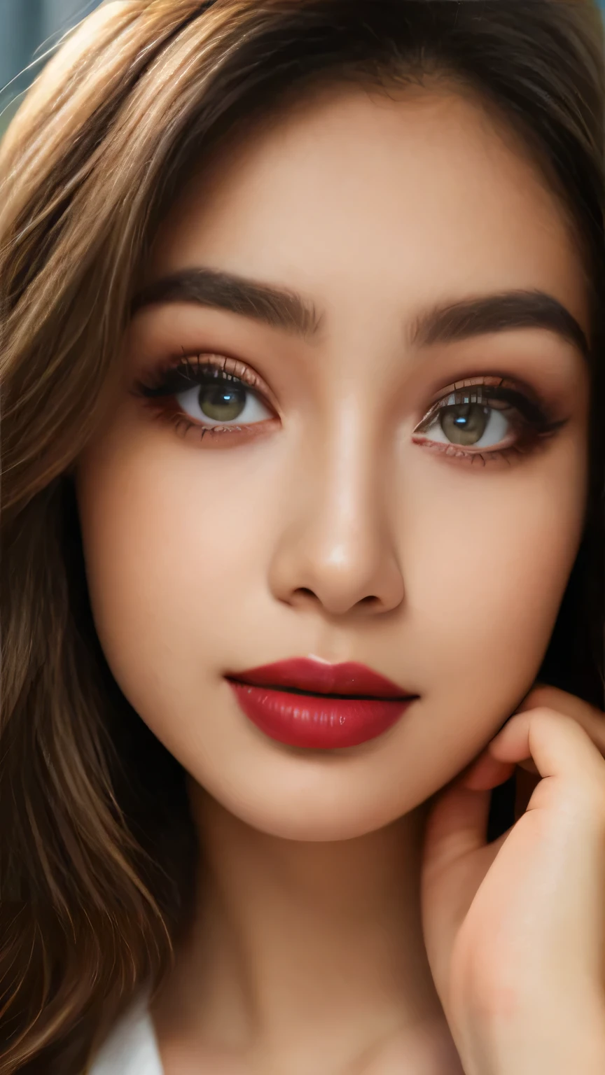 A girl, (Japanese Mature:1.2), Captivating Gaze, Dark brown eyes, (8k, High resolution,super high quality, Ultra HD,Ultra-realistic,Highest quality), Close-up photo with focus on face, Perfect Makeup、Blue eyeshadow、Dark eyeliner、glossy pink lipstick、(Realistic facial wrinkles:1.2)、Accurately rendered eyes, Proper eye position, Cinematic Light, Soft Light, detailed color graded background, Highly detailed eyes, 8k, Sharp focus, bedroom, Looking down, smile,