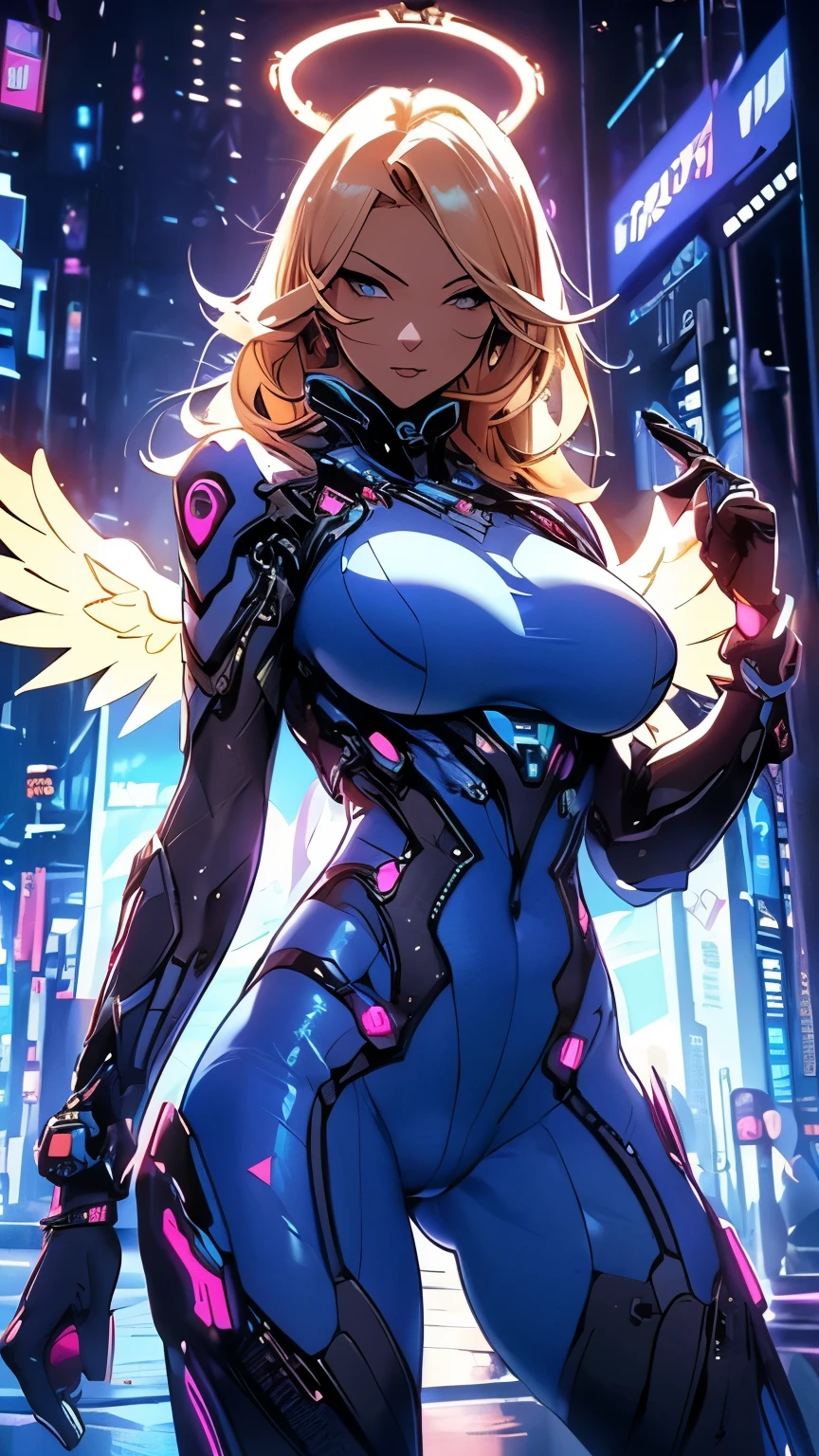 (High quality, Ultra detailed, best quality, insanely detailed, beautiful, masterpiece)、(Blonde long hair angel)、(Detailed face、Detailed eyes、Cyberpunk Goggles)、(Huge breasts:1.5)、(メタリックのタイトな白いCyberpunk Suit、Archangel)、(Wide Hips、Thick thighs、curve、(Camel toe:1.5)、(NSFW))、(Cyberpunk Suit)、(Glowing angel halo、Glowing angel wings)、(Cyberpunk space at night)