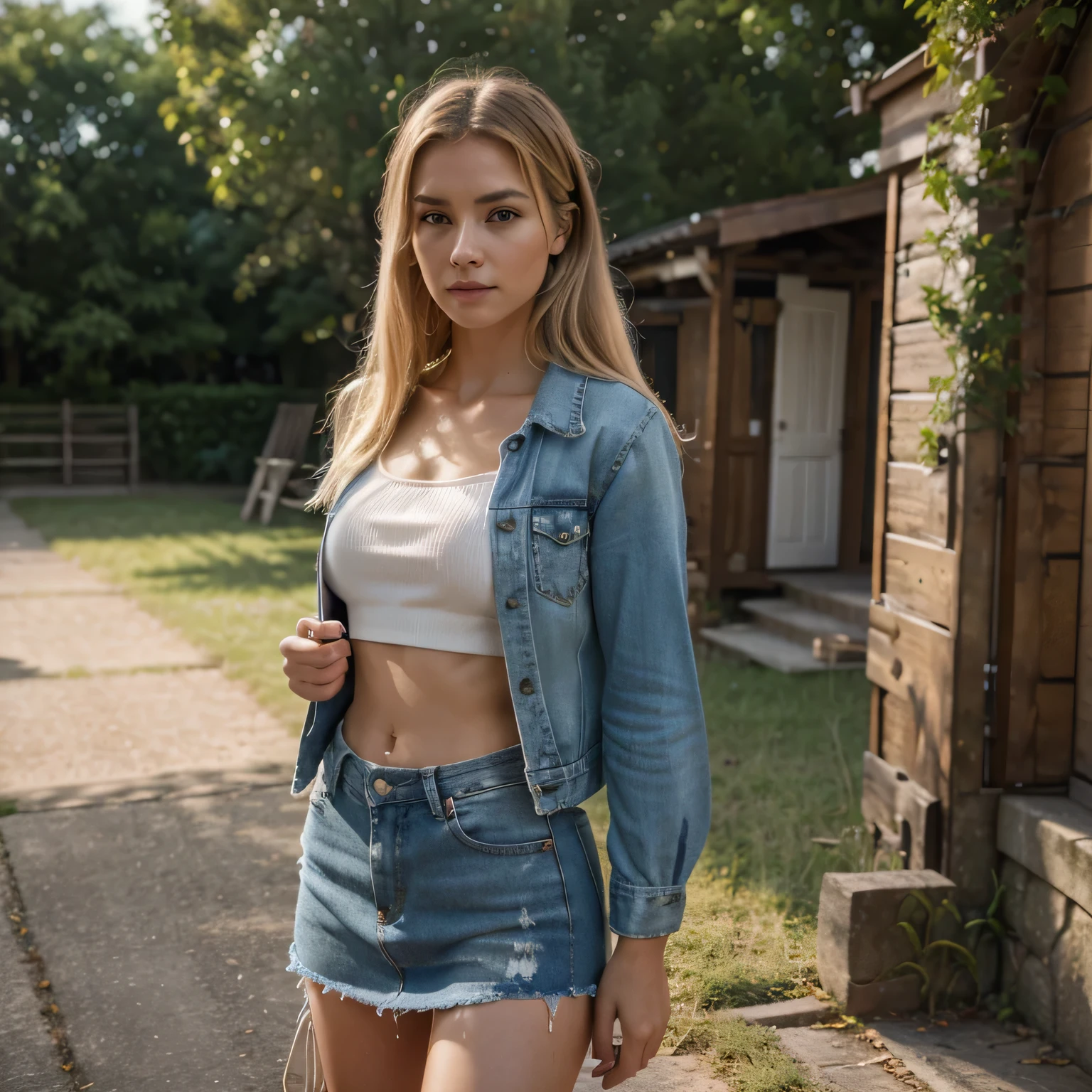 blonde girl, big beautiful green eyes, thin about 45 kilos, 150 centimeters tall, perfect waist, beautiful and perfect smile, beautiful and perfect appearance, real life, hyper real, high quality details, extremely real, real photo, extremely image Neat, great quality of details with great and beautiful luminosity, 8k, photograph taken with a Nikon Z8 with a Nikkor Z 50mm f/1.8 S lens. Perfect accessories, jewelry. Dressed in a beautiful short thigh-length floral miniskirt, a red t-shirt, a denim jacket and sneakers.