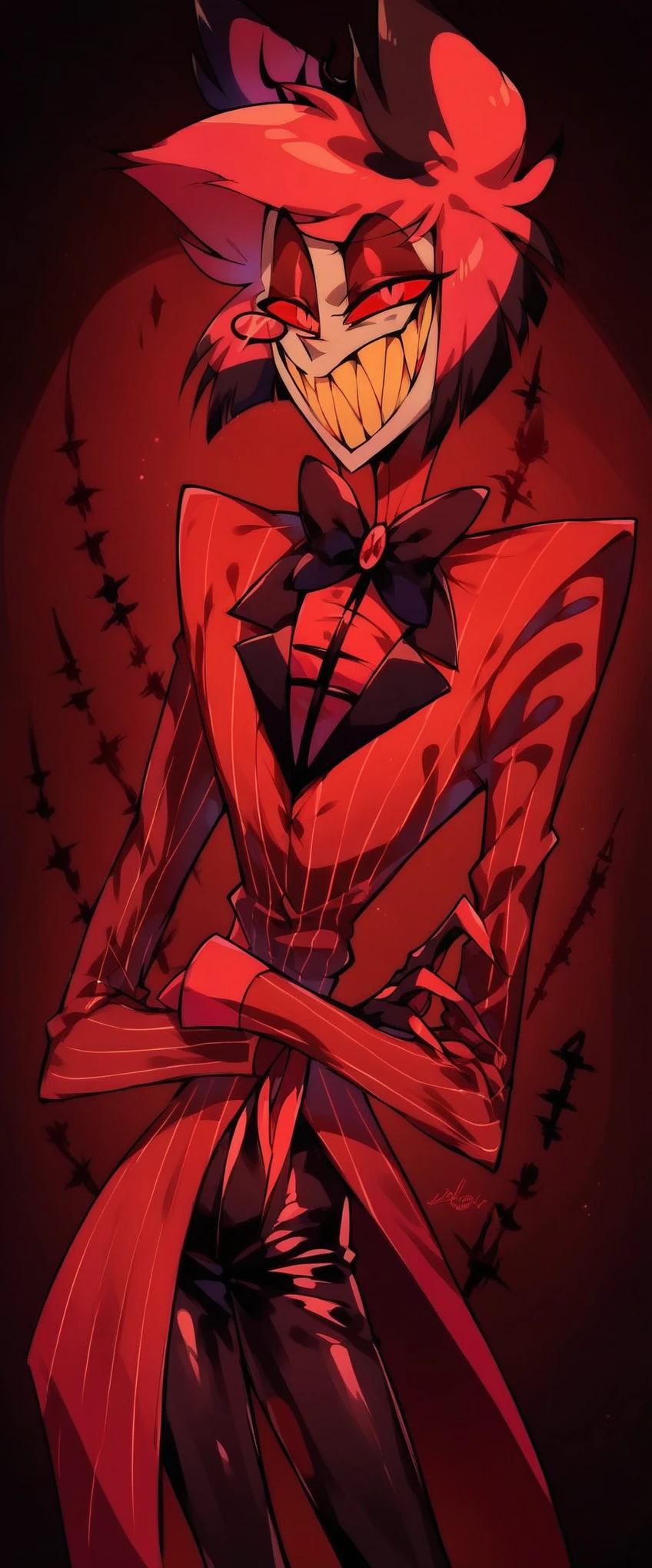 Alastor (Hazbin Hotel), radio demon, sharp toothed grin, ((((dark red formal (((shiny latex suit))) with pinstripes)))), monocle, elegant cane, sinister smile, high contrast lighting, chiaroscuro, hazbin hotel lobby background