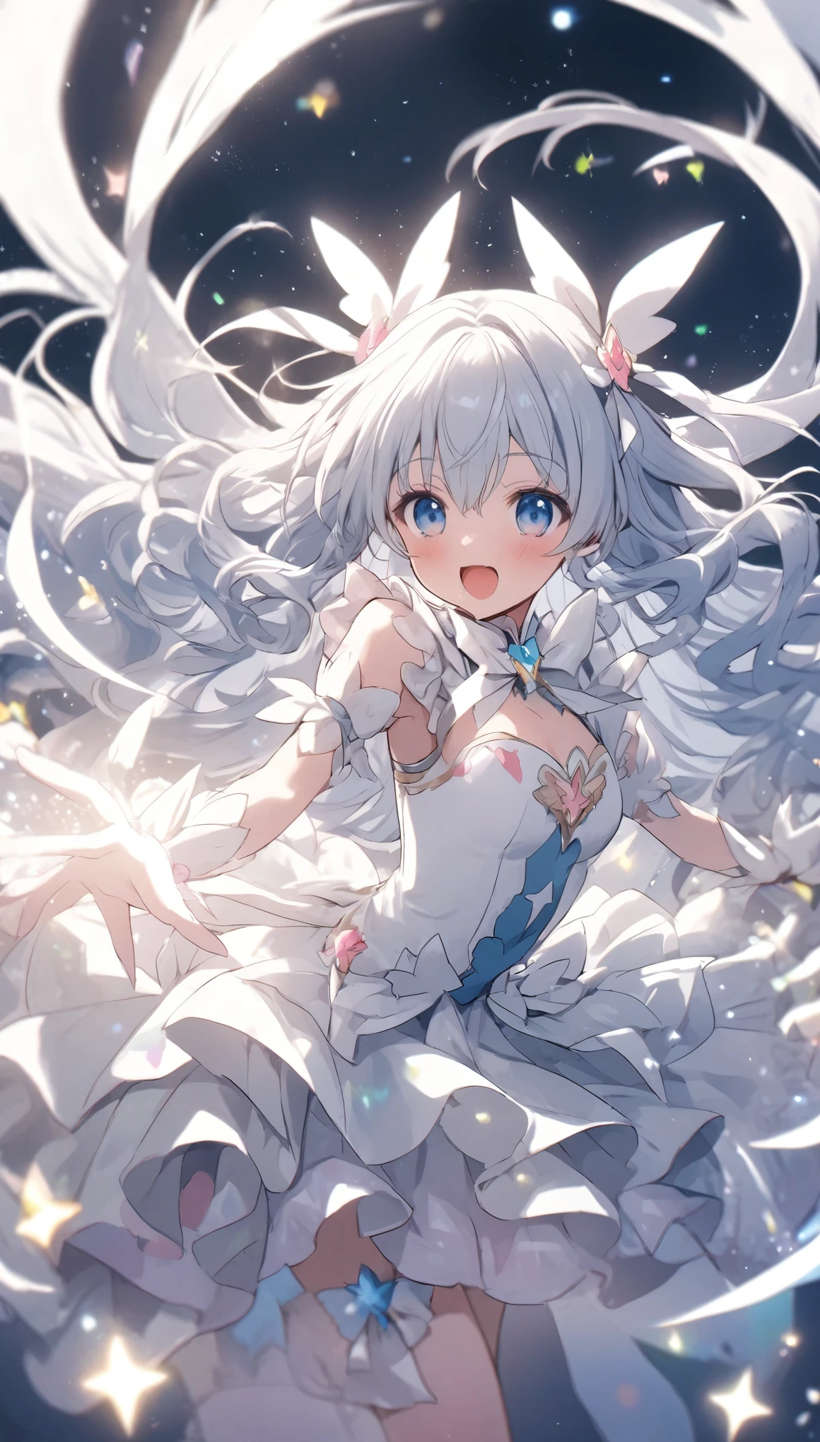 ((masterpiece:1.4、top-quality:1.2))、1girl in、solofocus、delicated face、Highly detailed anime faces and eyes、(Blur the background:1.3、(transform sequence)、((stright long hair))、Soio、Soio、a girl、japanes、Lori、Chiquita、elementary red、((white and blue leotard))、(highleg)、Tiara on the head、A smile、is standing、Facing the front、