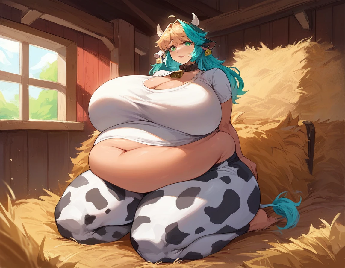 ((she is a domestic holstein,she is a quadruped)),nude,((she is pregnant,there are much hay in the cattle barn,there is a male bull in the cattle barn which is copulating with her,in the cattle barn)),feral Holstein,holstein fur,cow bell,((nose ring of holstein)),nude,in the cattle barn,((hoofs of cow)),((finger is hoof of cow)),cow finger,out of tongue,on all fours,((extra breasts of holstein)),((udders of holstein)),(((she is copulating with the male bull))),ahegao,((feel her orgasm))