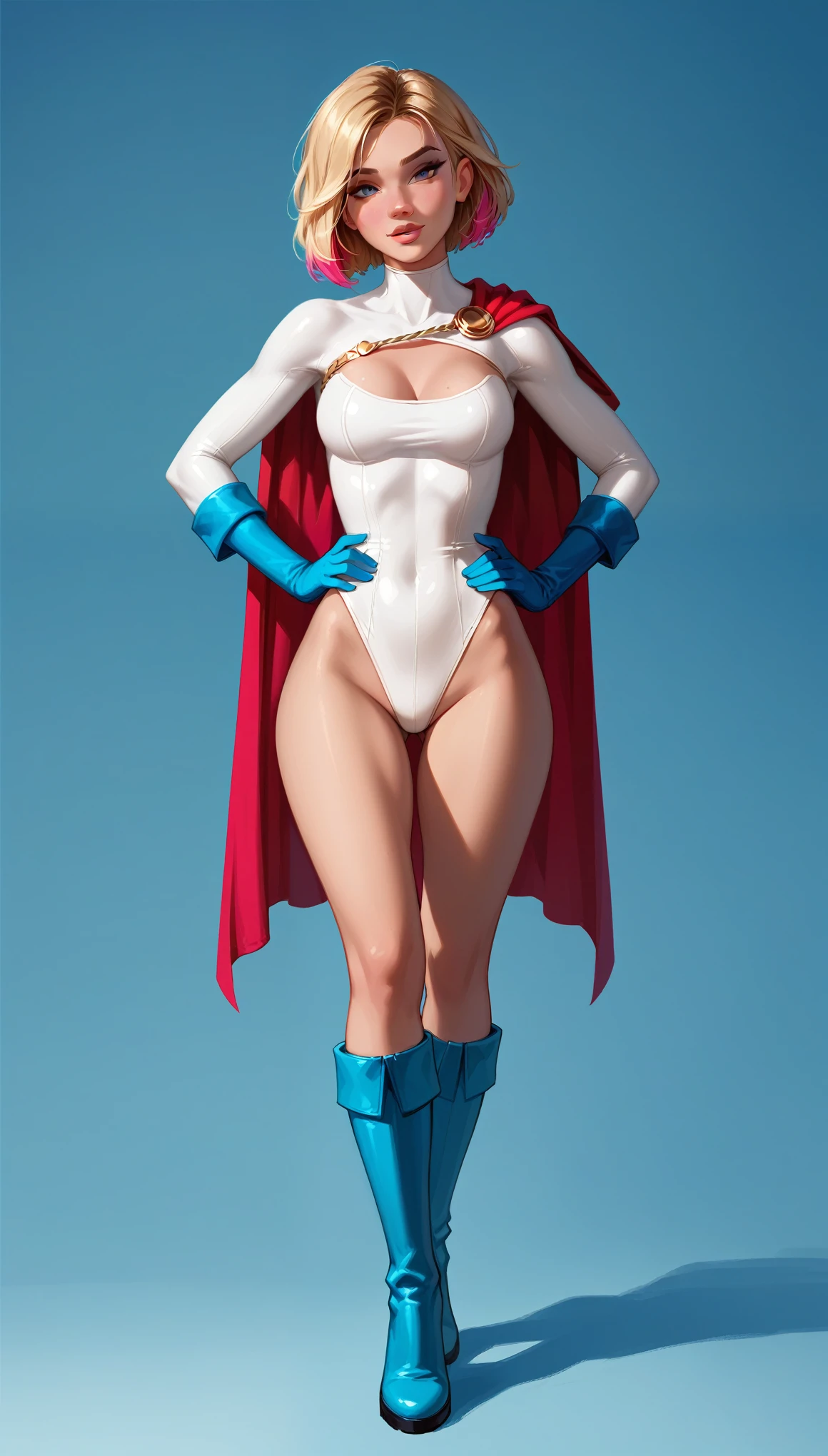 The character Power Girl,  perfect and traditional costume, bright blue yes, red cape, blond hair, smooth curves, extremely beautiful e realistic anatomy, beautiful smile 