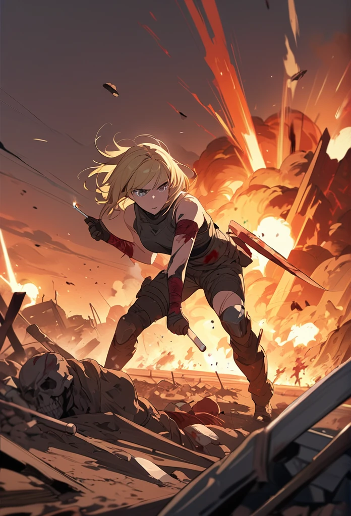 (hatsune miku), (masterpiece:1.5), (Highest quality), (Very detailed), (Very detailed), (One girl:1.2), (whole body:1.2), (young), (Blonde), (Weapons in hand), (War battle scene), (Bloody atmosphere), (cigarette), (fire), (cadaver), (Chaotic Background), (explosion), (Torn clothing), (A look of determination), (Sweat and dirt), (I was injured), (Dynamic pose), (Broken Armor), (Burnt landscape), (Combat Stance), (Smoldering Wreckage), (inflammation:1.3), (Battle cry), (Sounds of War:1.1)