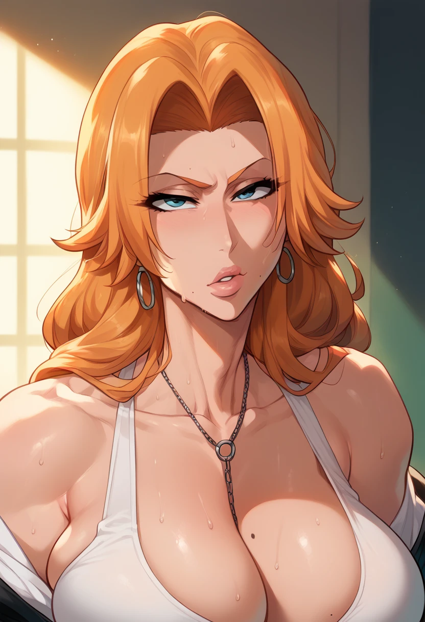 Rangiku Matsumoto, mother, Milf, mature female, perfect face, perfect lighting, sexy lips, sexy female, beauty mark, thicc، cleavage, huge breasts, sweat, 