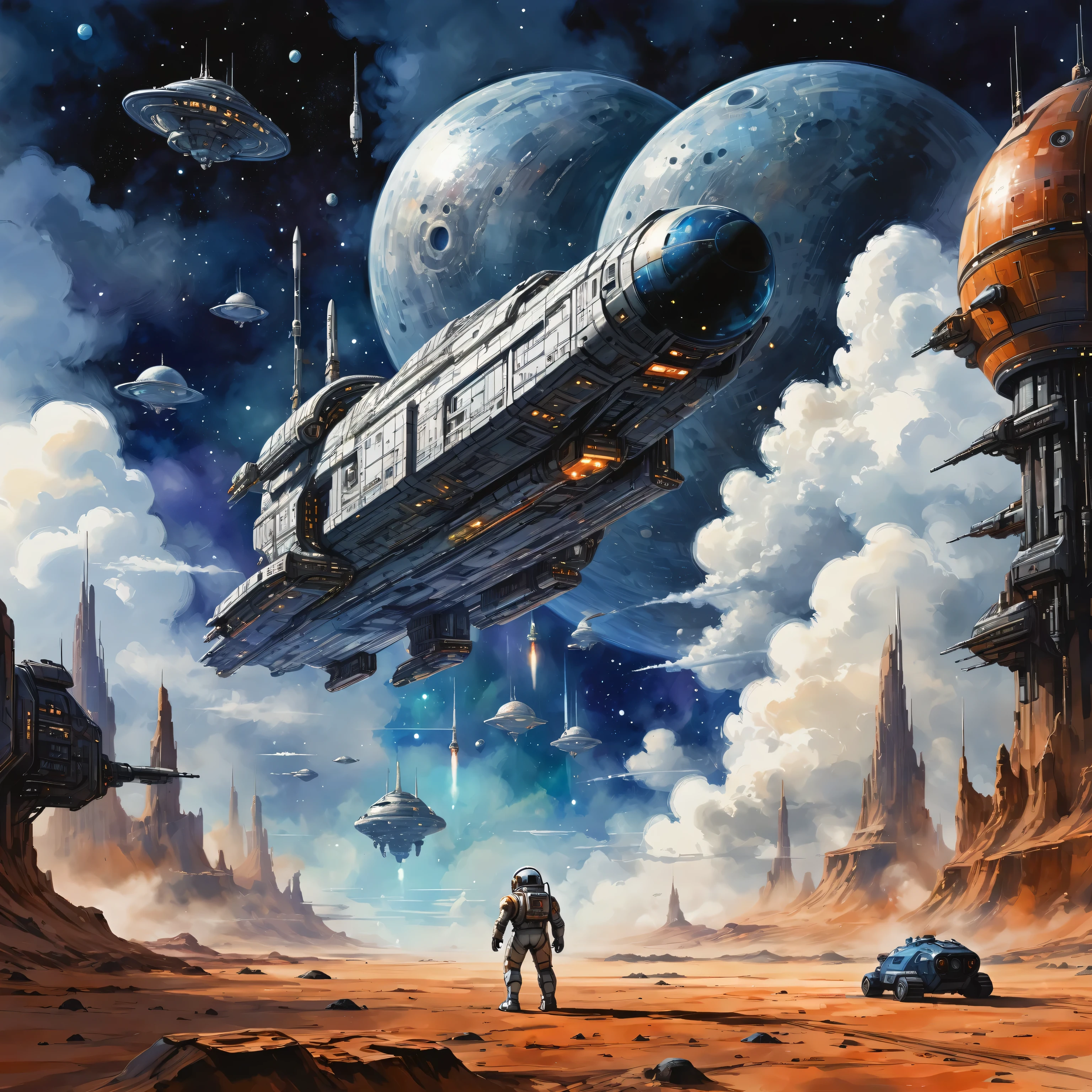 spaceship, deepspace in the background, cloud, science_fiction, sky, outdoors, scenery 2d game scene, oil and watercolor painting, (masterpiece:1.2), best quality